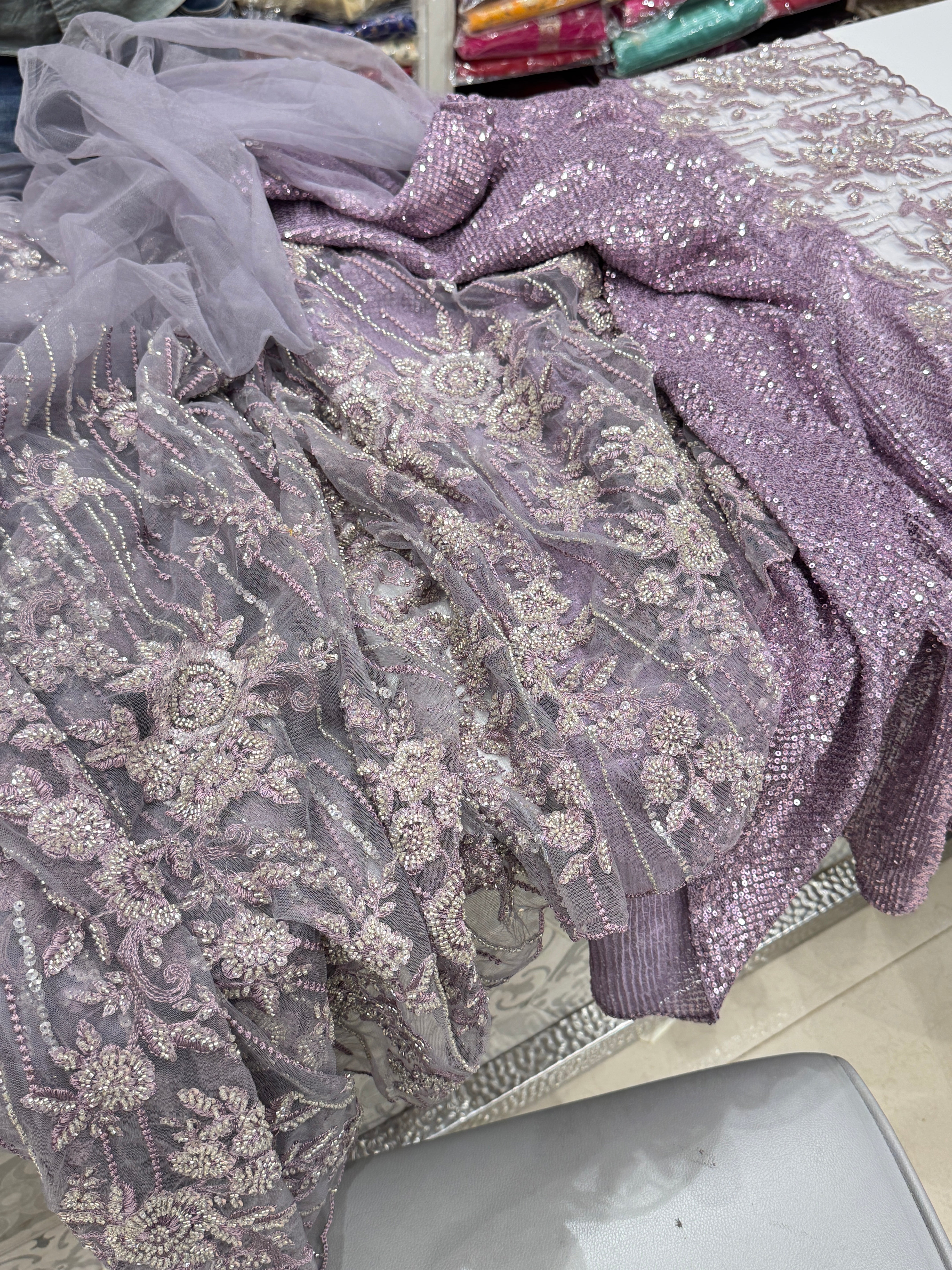 Lilac Embroidery Net Half and Half Saree