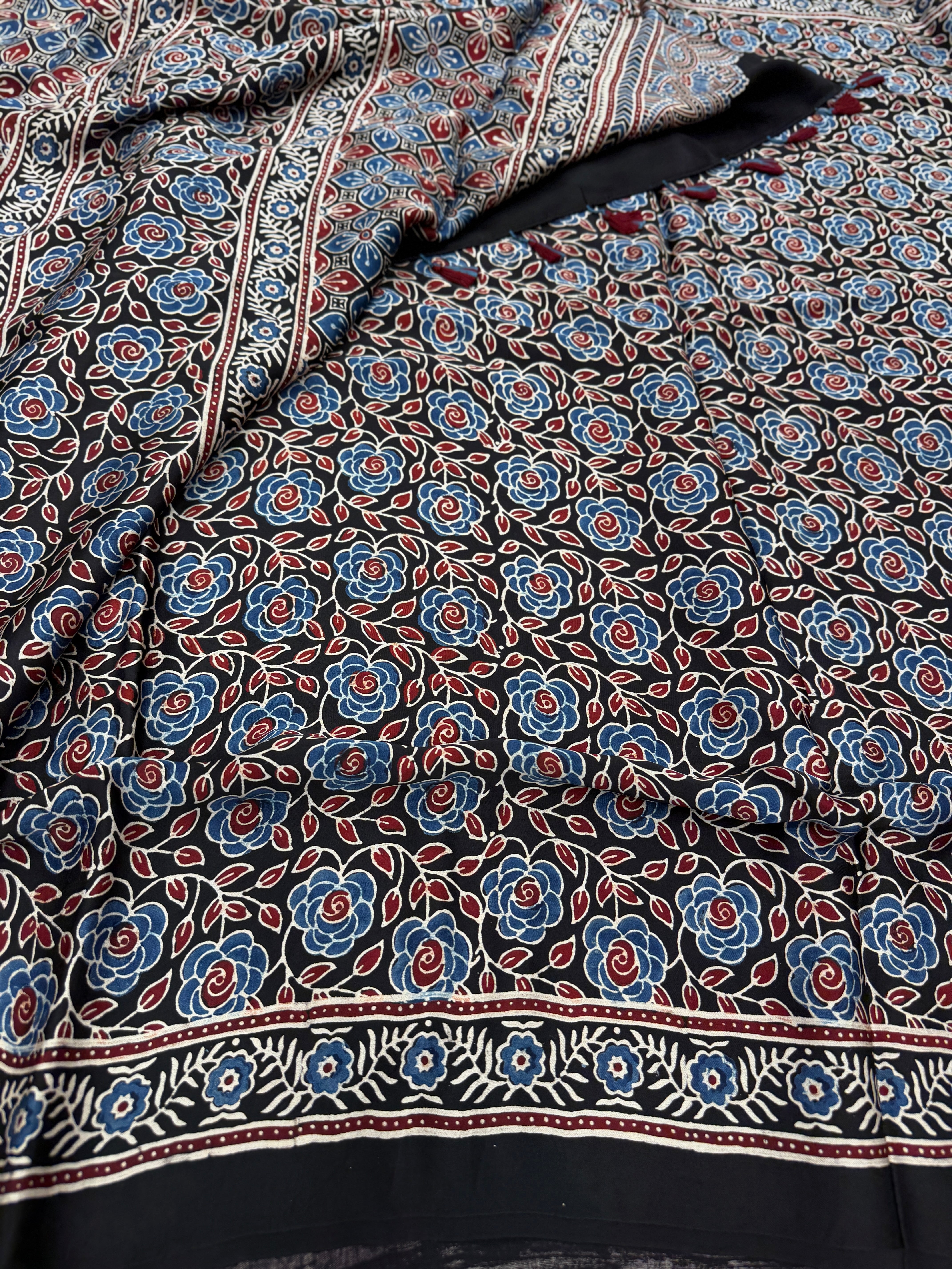 Black Sprinkled Dotts Ajrakh Hand Block Print Pure Modal Silk Saree
