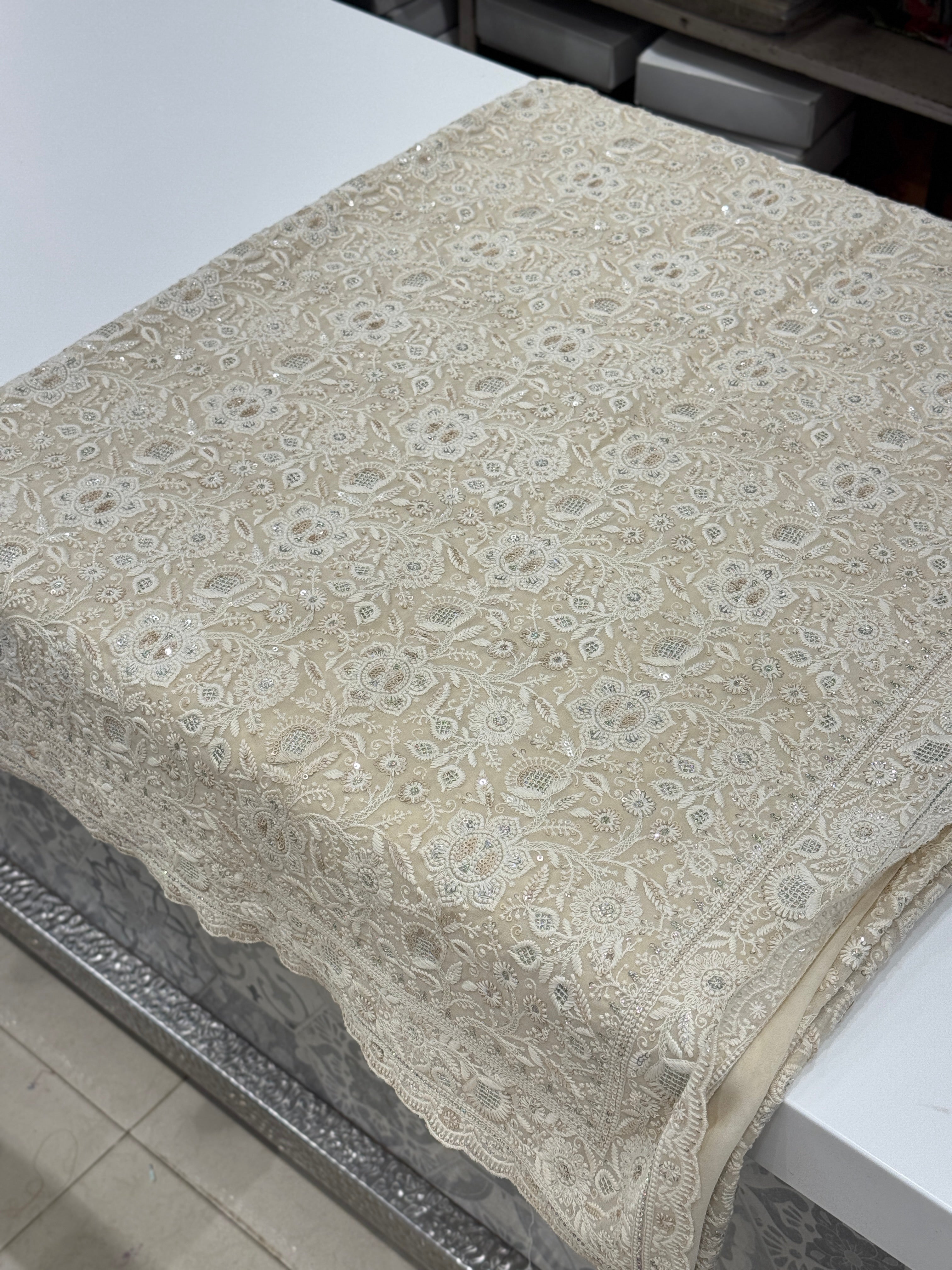 Moti White Chikankari Small Scallop Design Saree