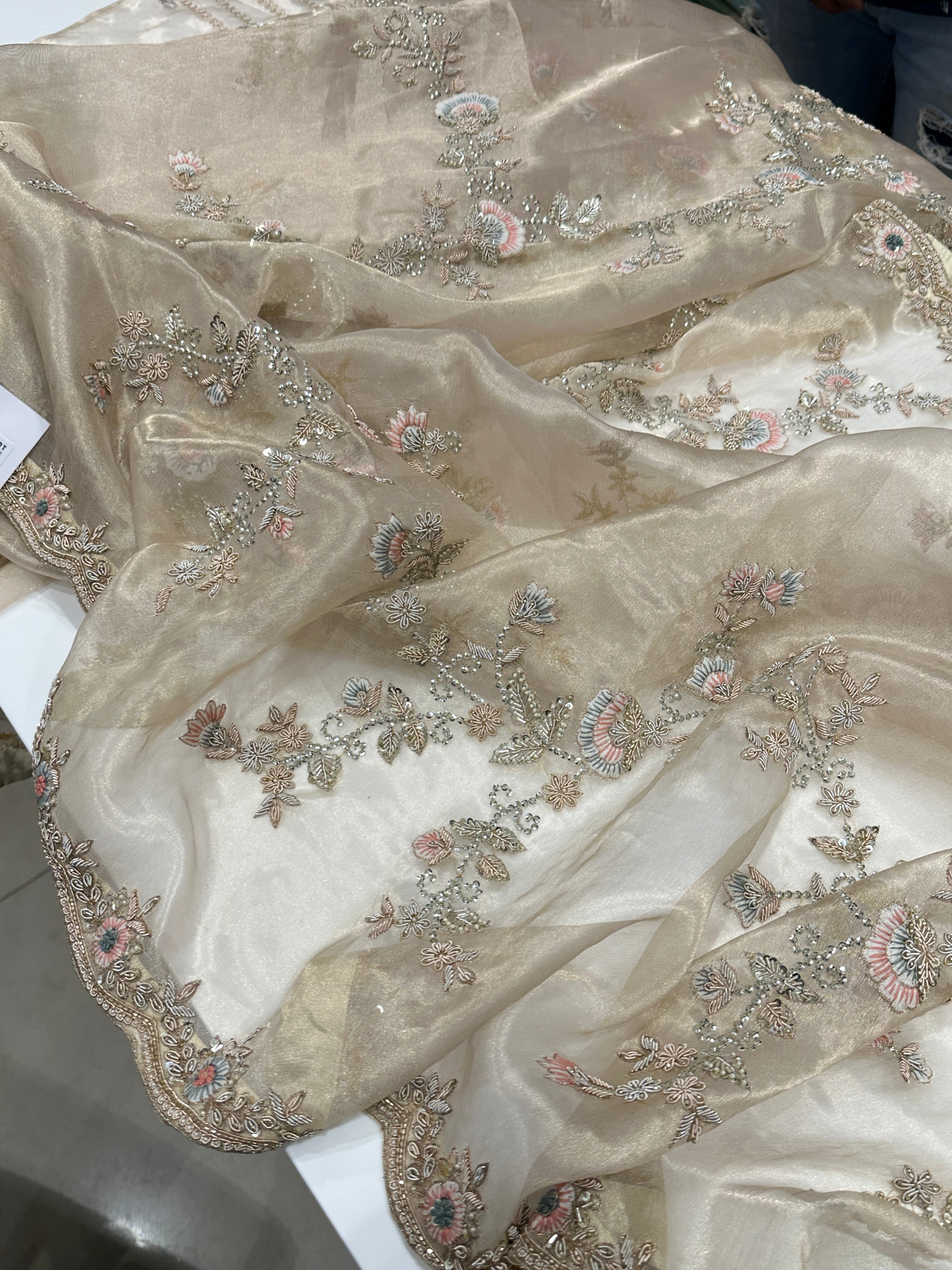 Light Gold Tissue Zardosi Resham Knot Hand Embroidery Saree