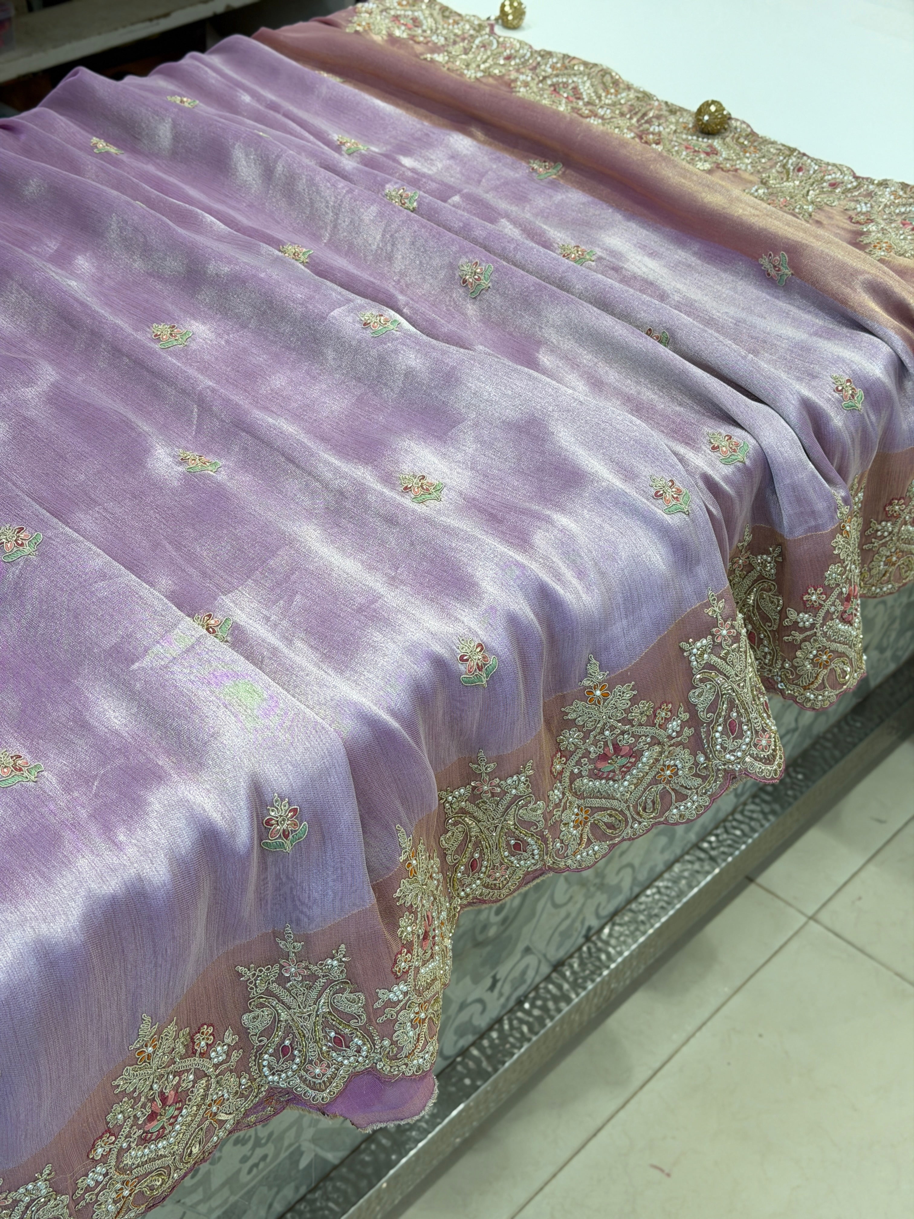 Lilac Crepe Tissue Zari Resham Embroidery SareeMoti