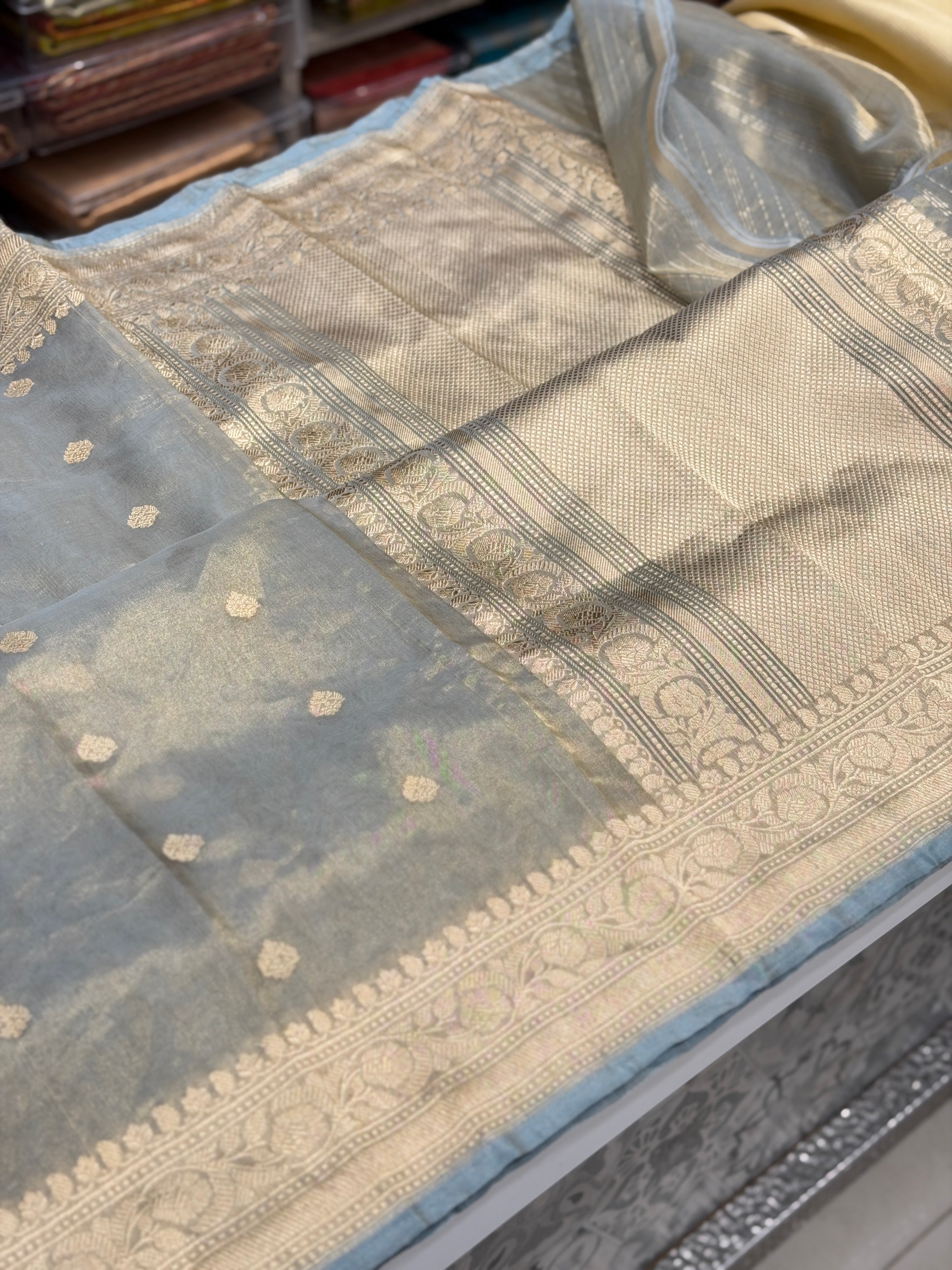 Cement Blue Handloom Banarasi Tissue Kadwa Buttis Saree