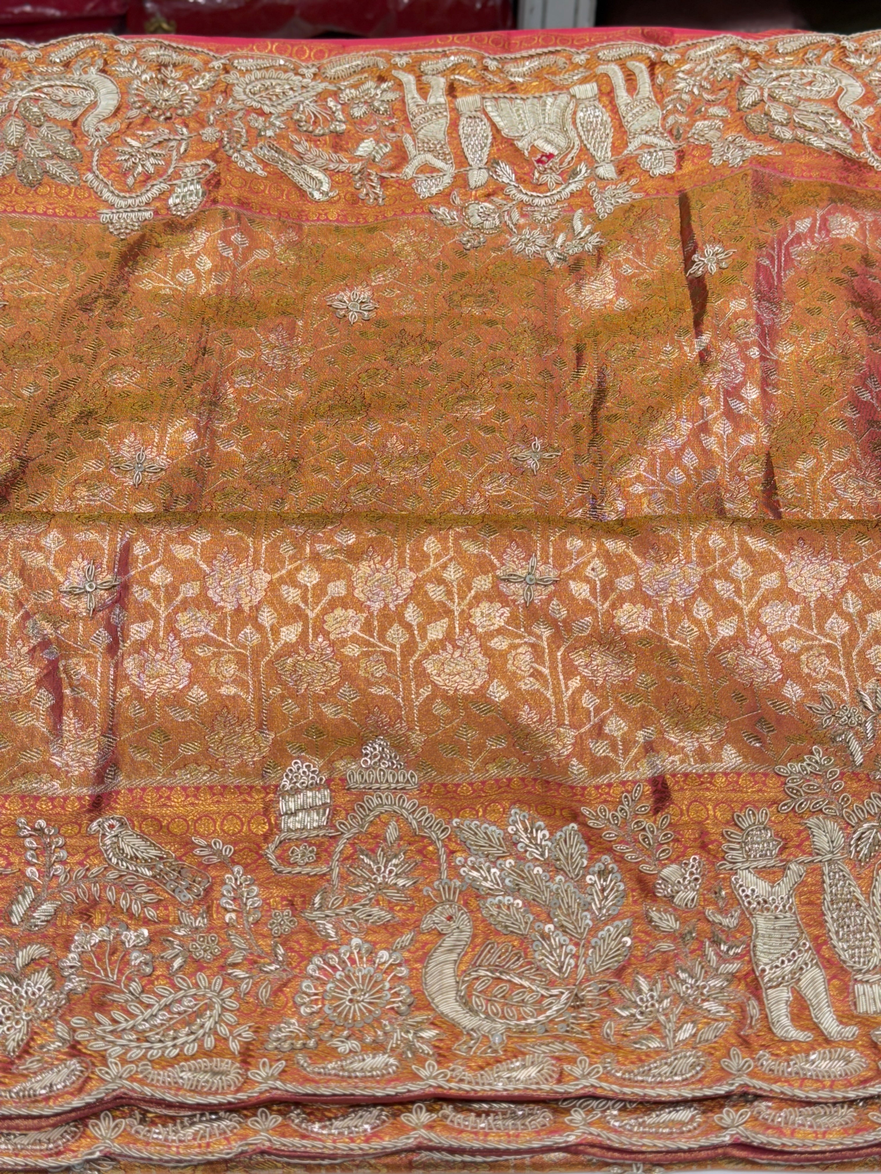 Rust Tissue Kanjivaram Zardosi Doli Hand Embroidery Saree