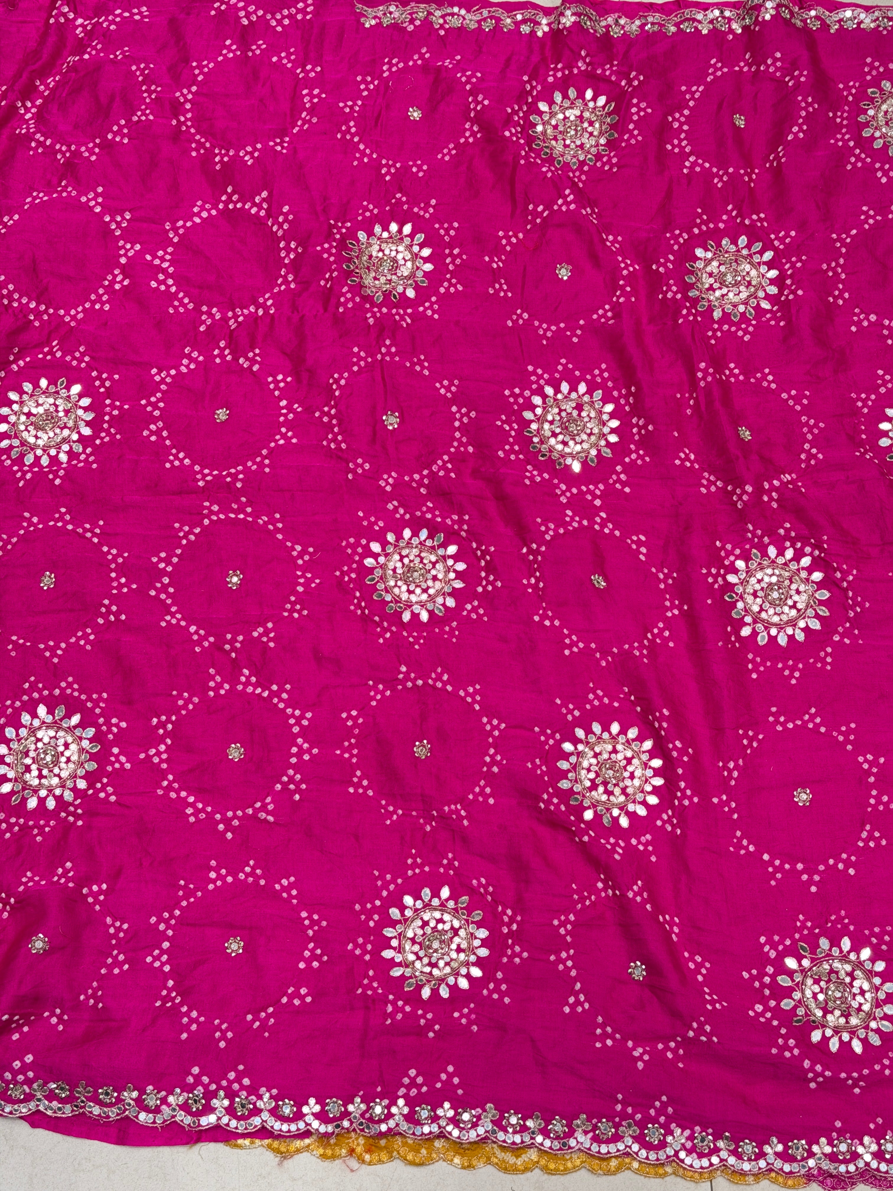 Yellow Rani Gajji Silk Rai Bandhej Tila Hand Embroidery Saree