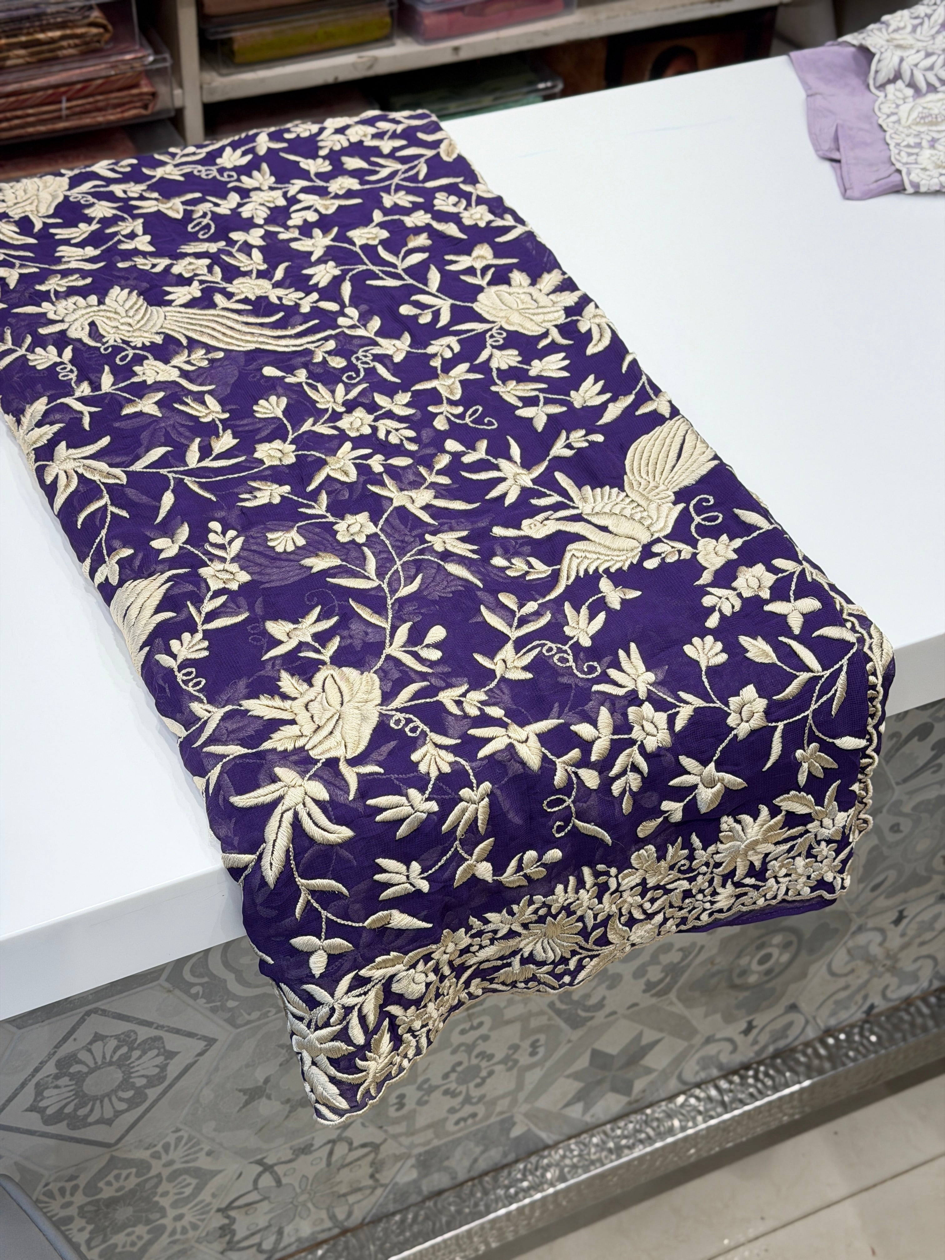 Violet Georgette Floral Jaal Flamingo Resham Embroidery Saree