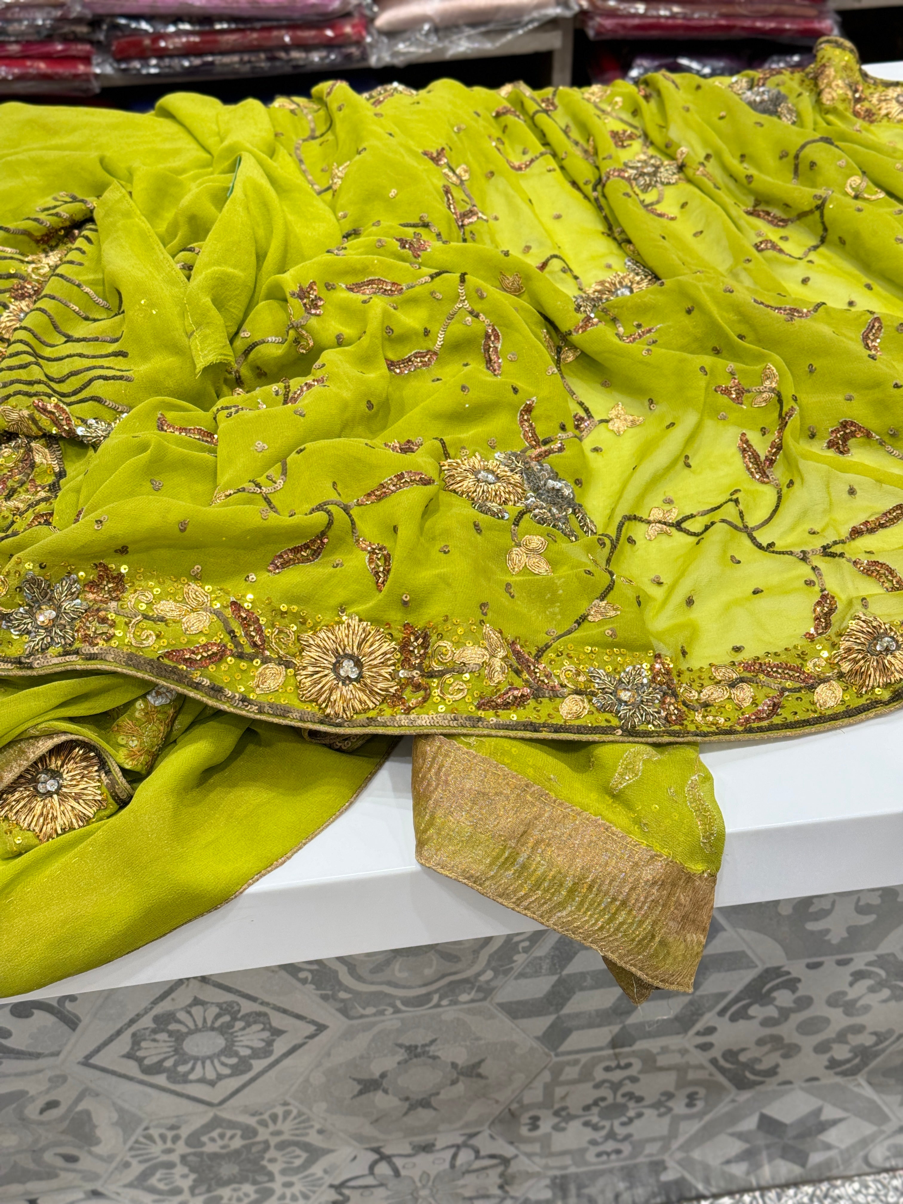 Green Georgette Antique Zardosi Hand Embroidery Saree