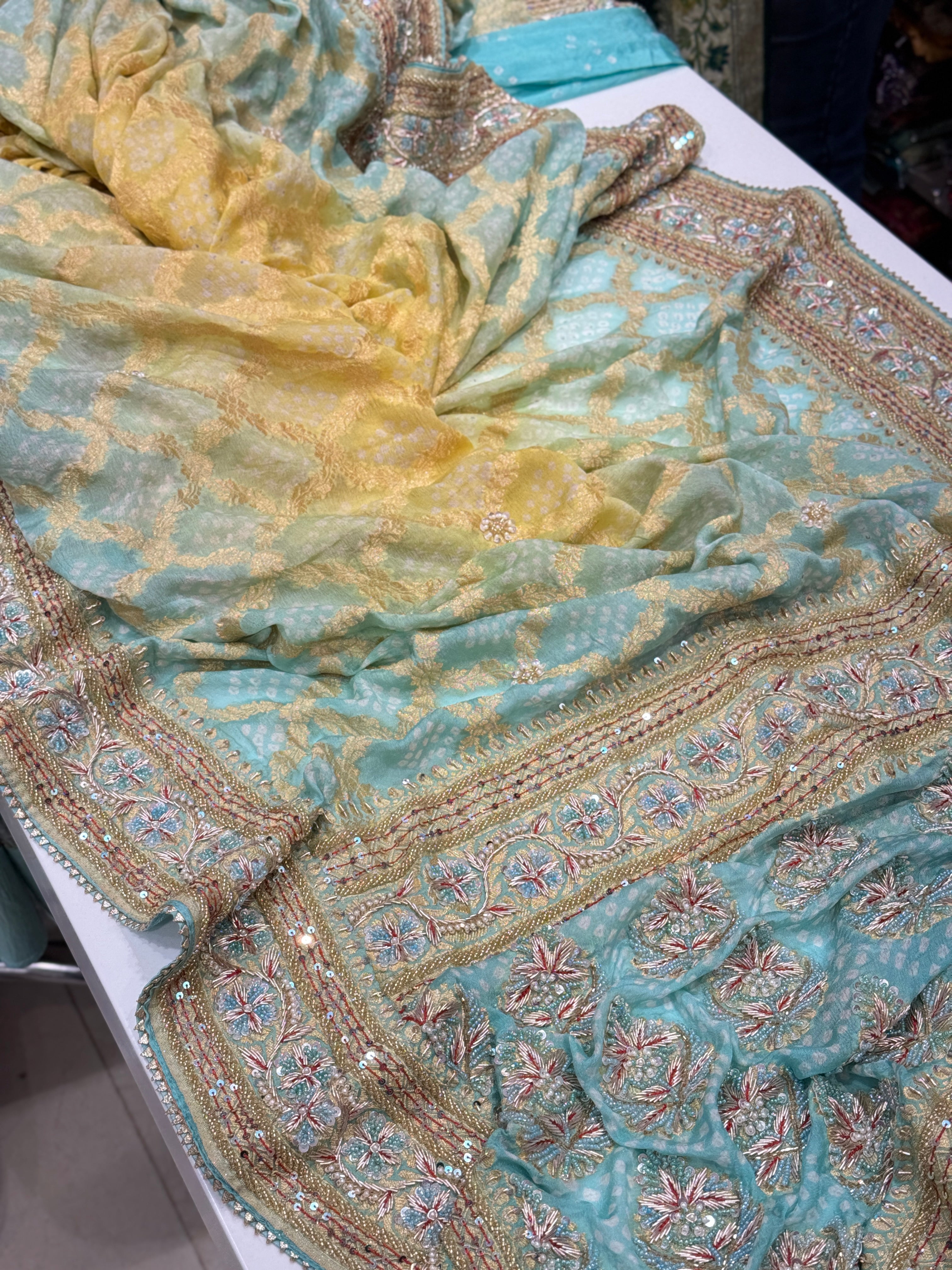 Pastel Shaded Bandhej Hand Embroidery Saree