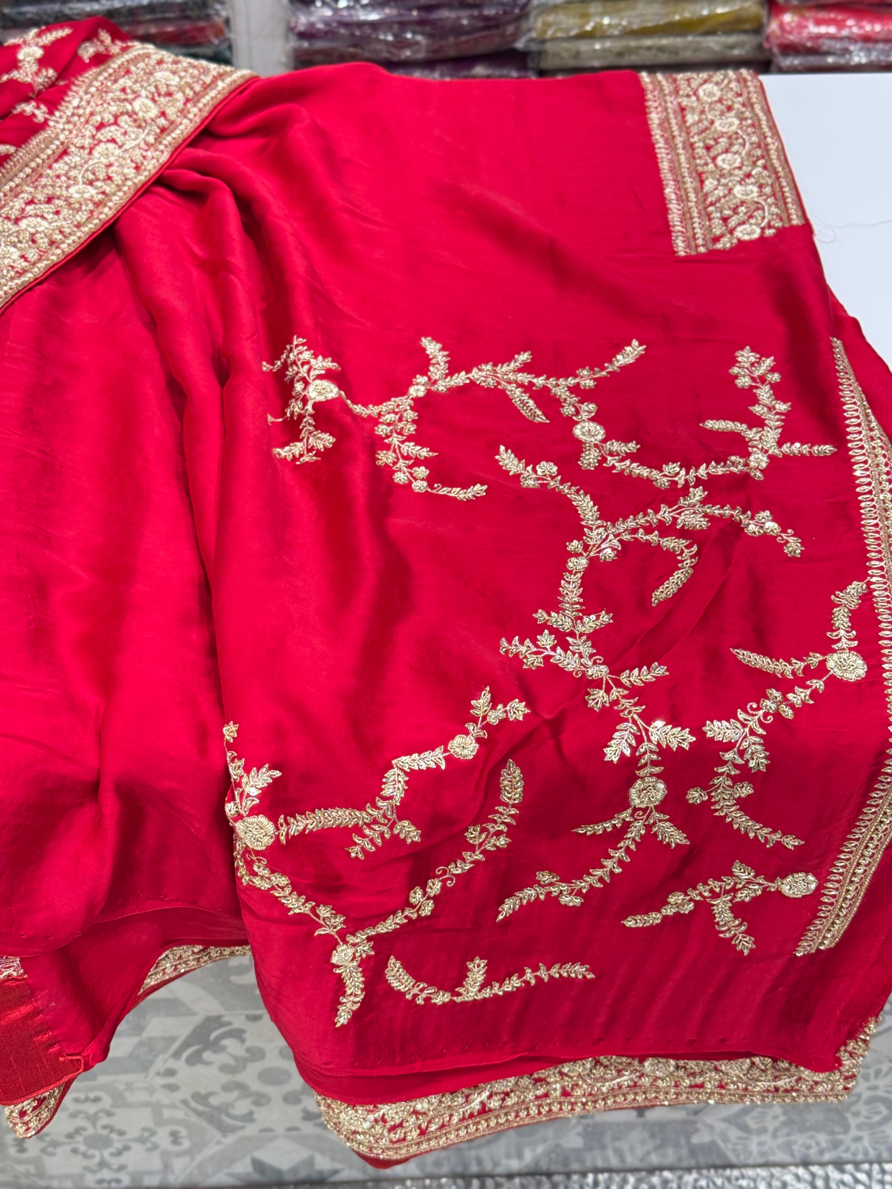 Red Hand Embroidery Jaal Pure Satin Zardosi Embroidery