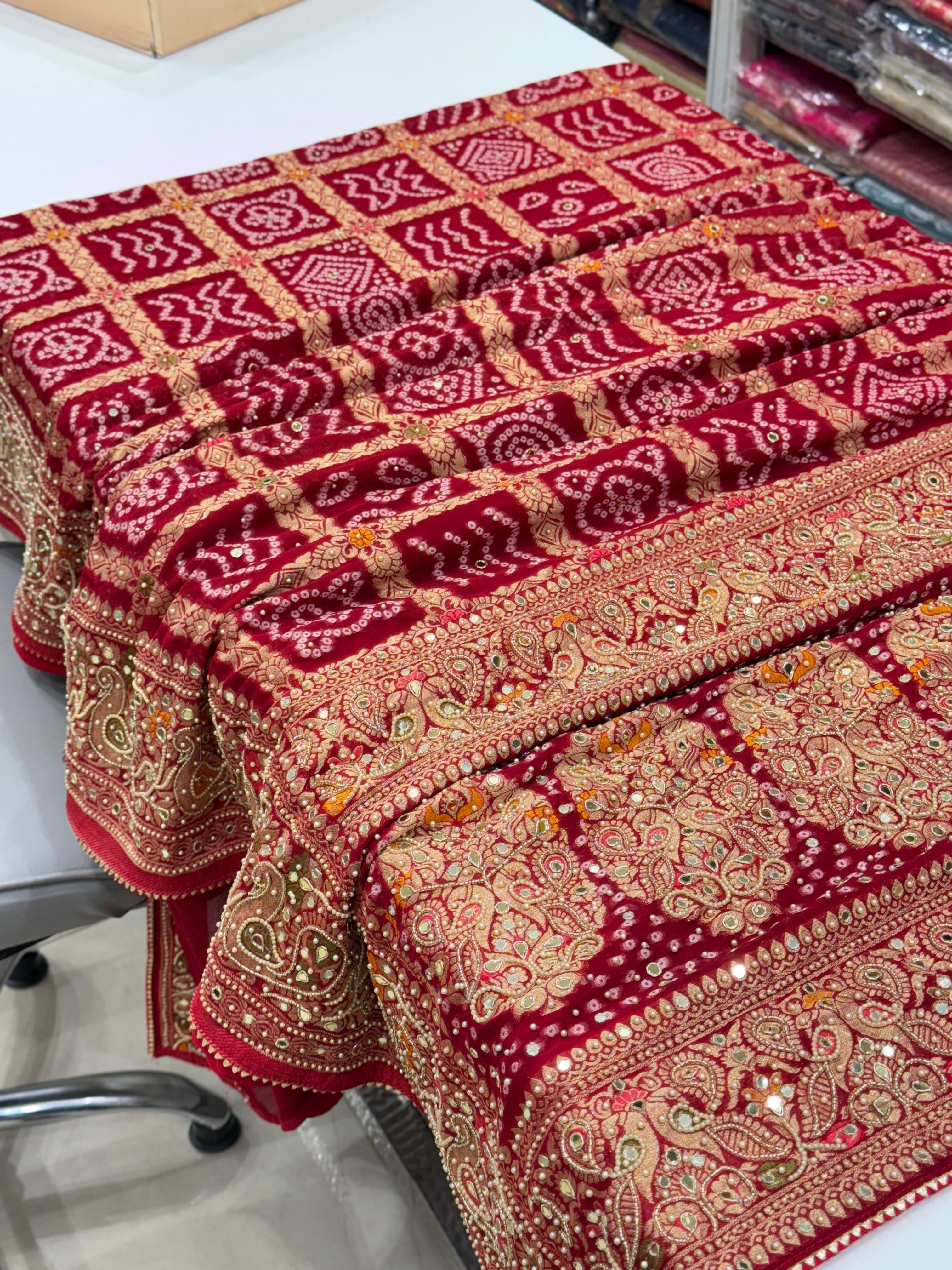 Red Gharchola Moti Hand Embroidery Saree