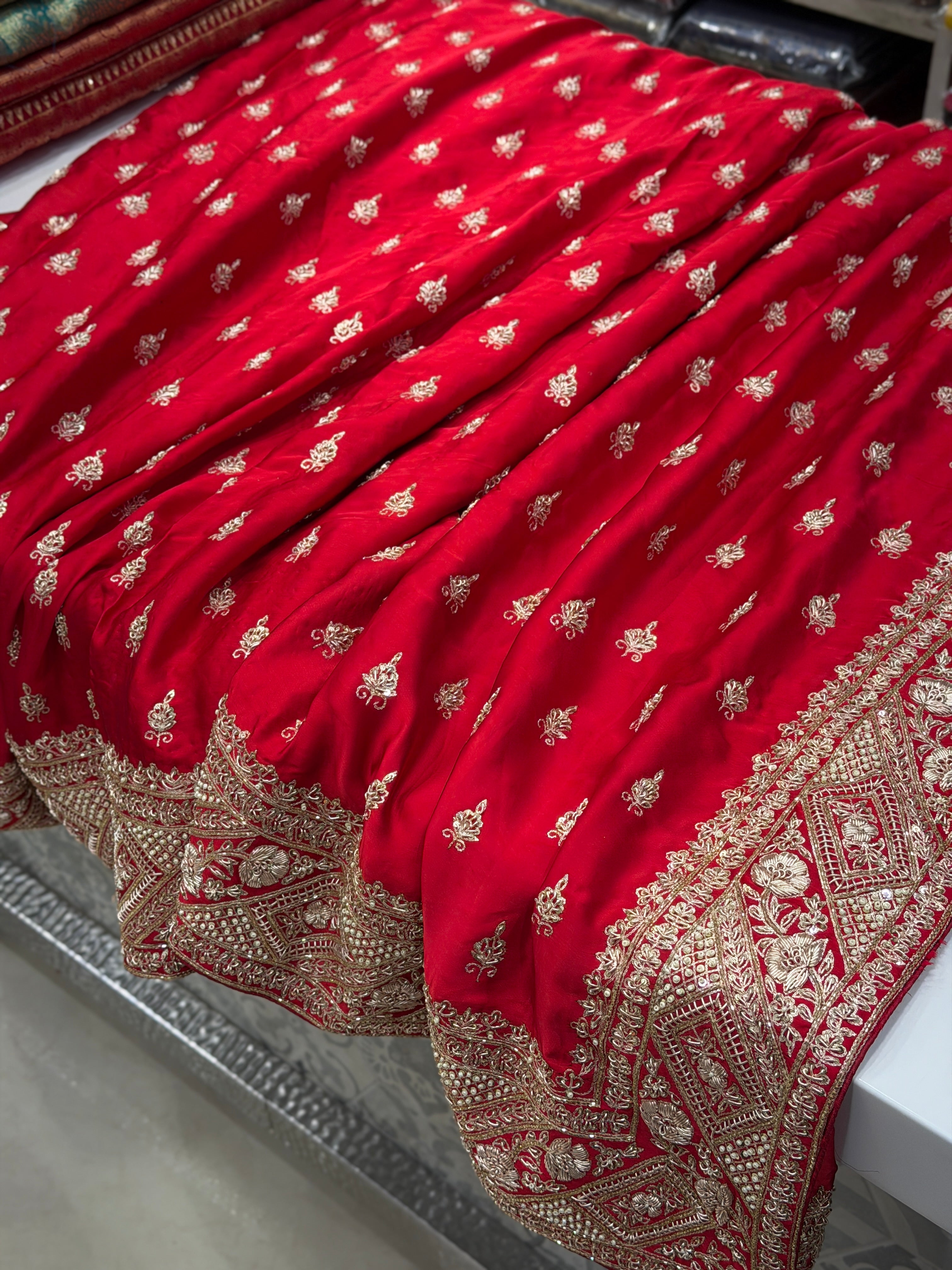 Red Hand Embroidery Buttis Pure Satin Zardosi Embroidery