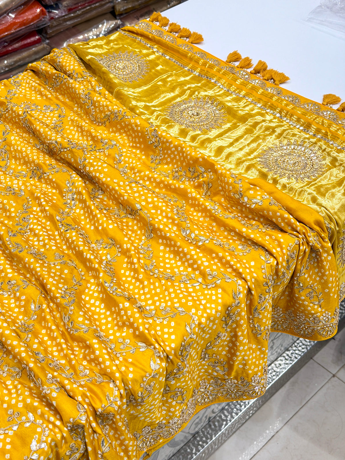 Yellow Jaal Faabiiana Inspired Gajji Silk Rai Bandhej Gotapatti Marodi Hand Embroidery Saree