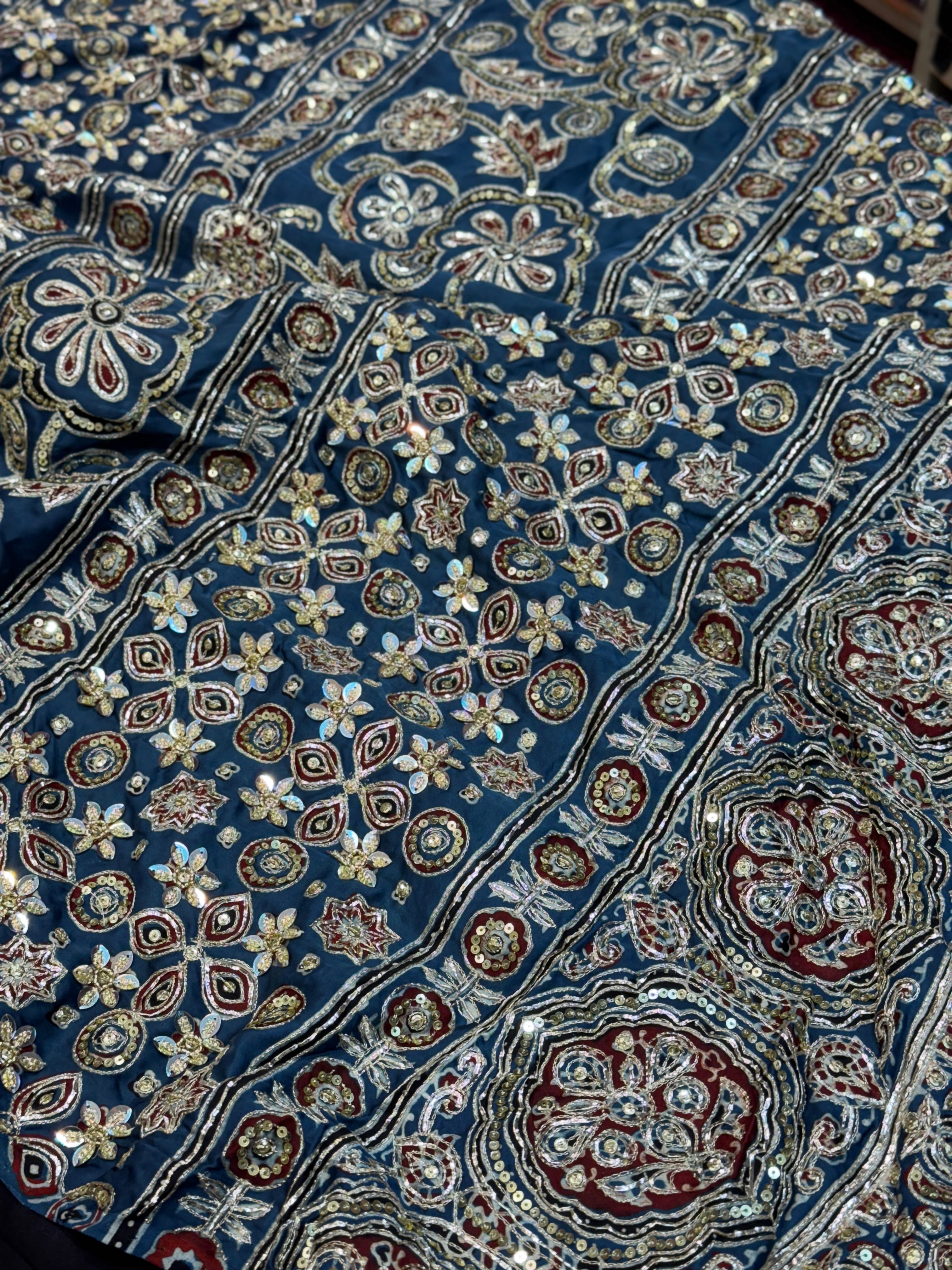 Red Blue Pallu Badam Jaal Ajrakh Hand Embroidery Saree
