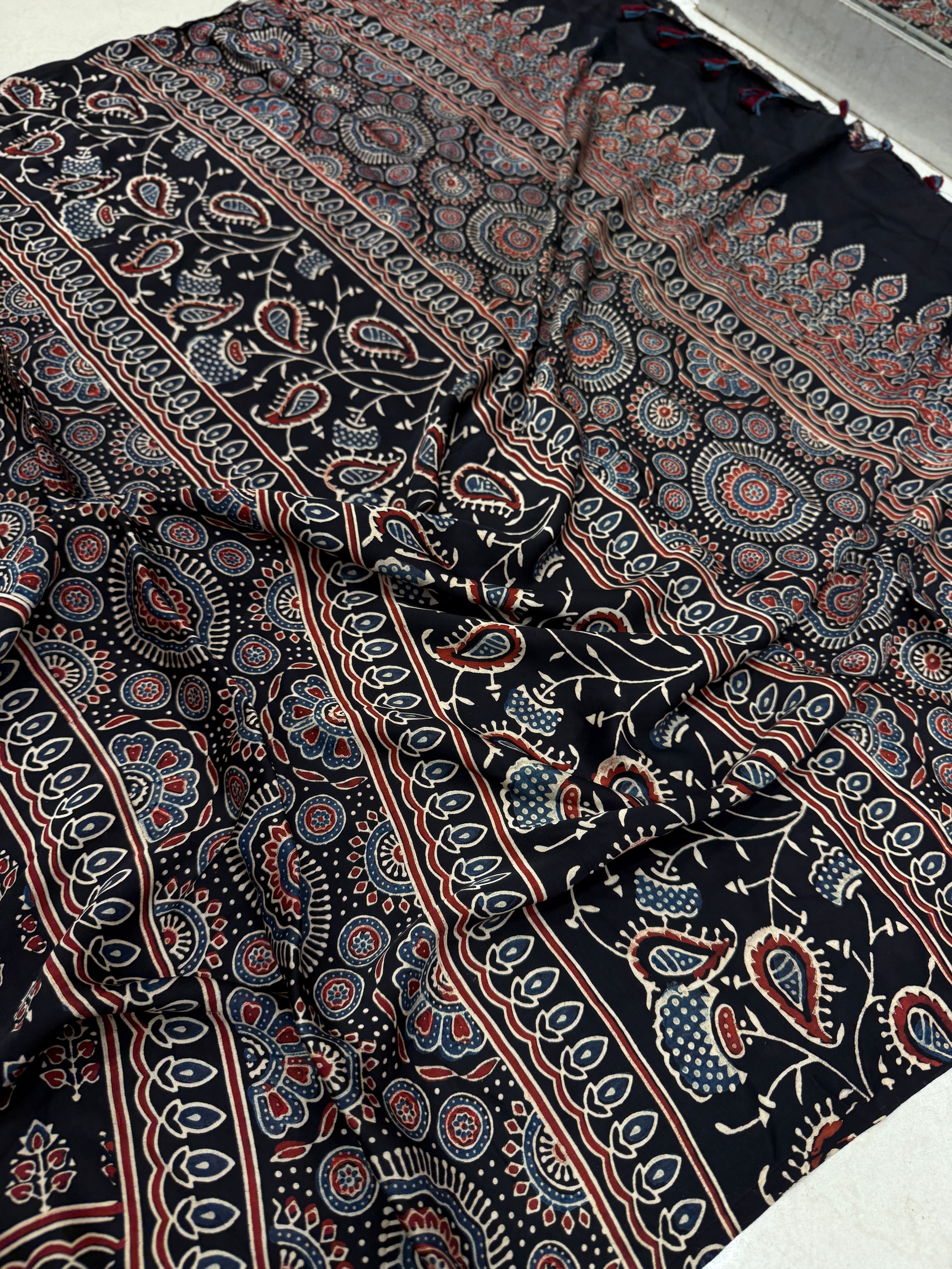 Black Blue Buttis Ajrakh Block Print Hand Pure Gajji Silk Saree