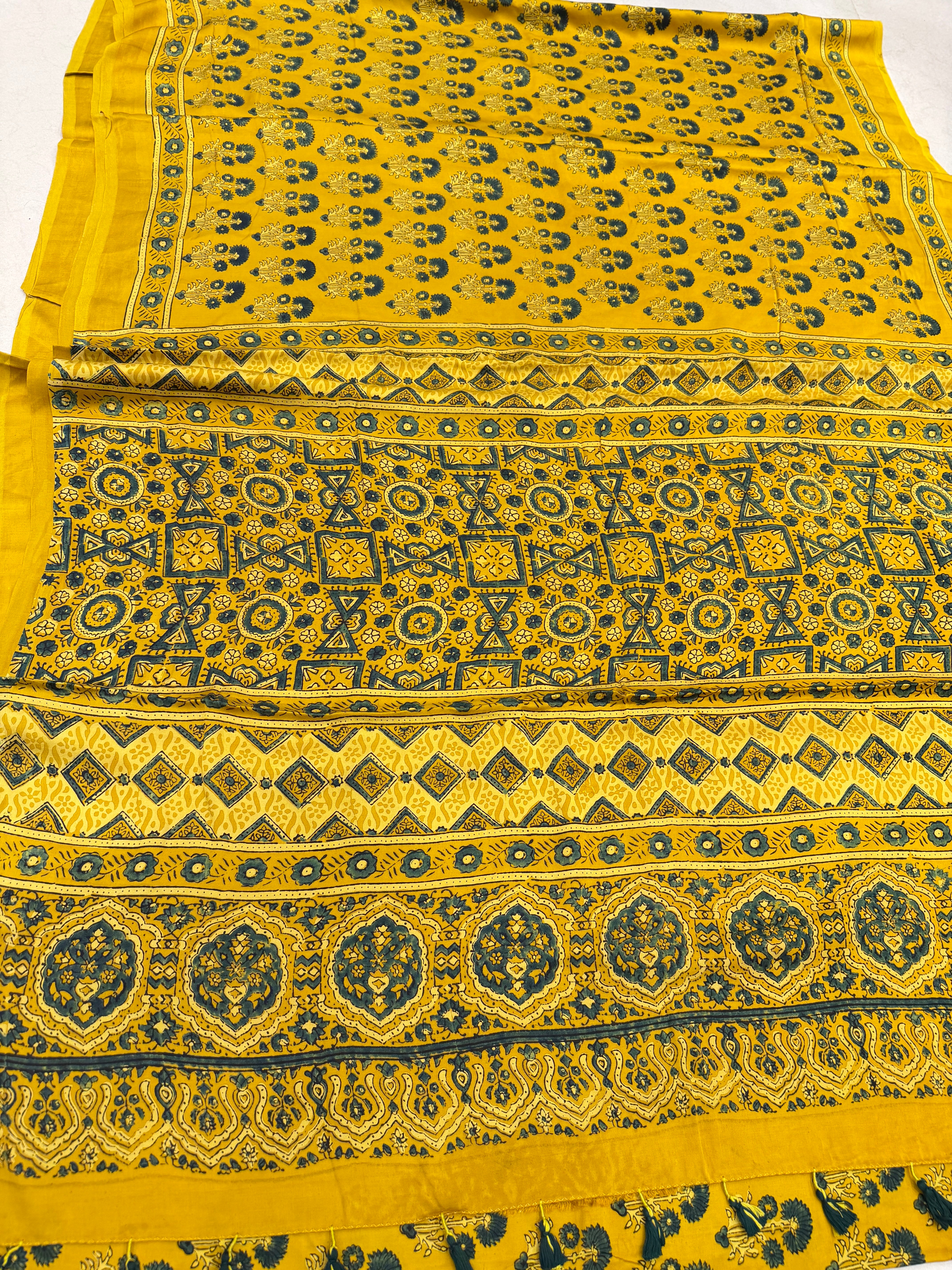 Yellow Floral Buttas Ajrakh Block Print Hand Pure Gajji Silk Saree
