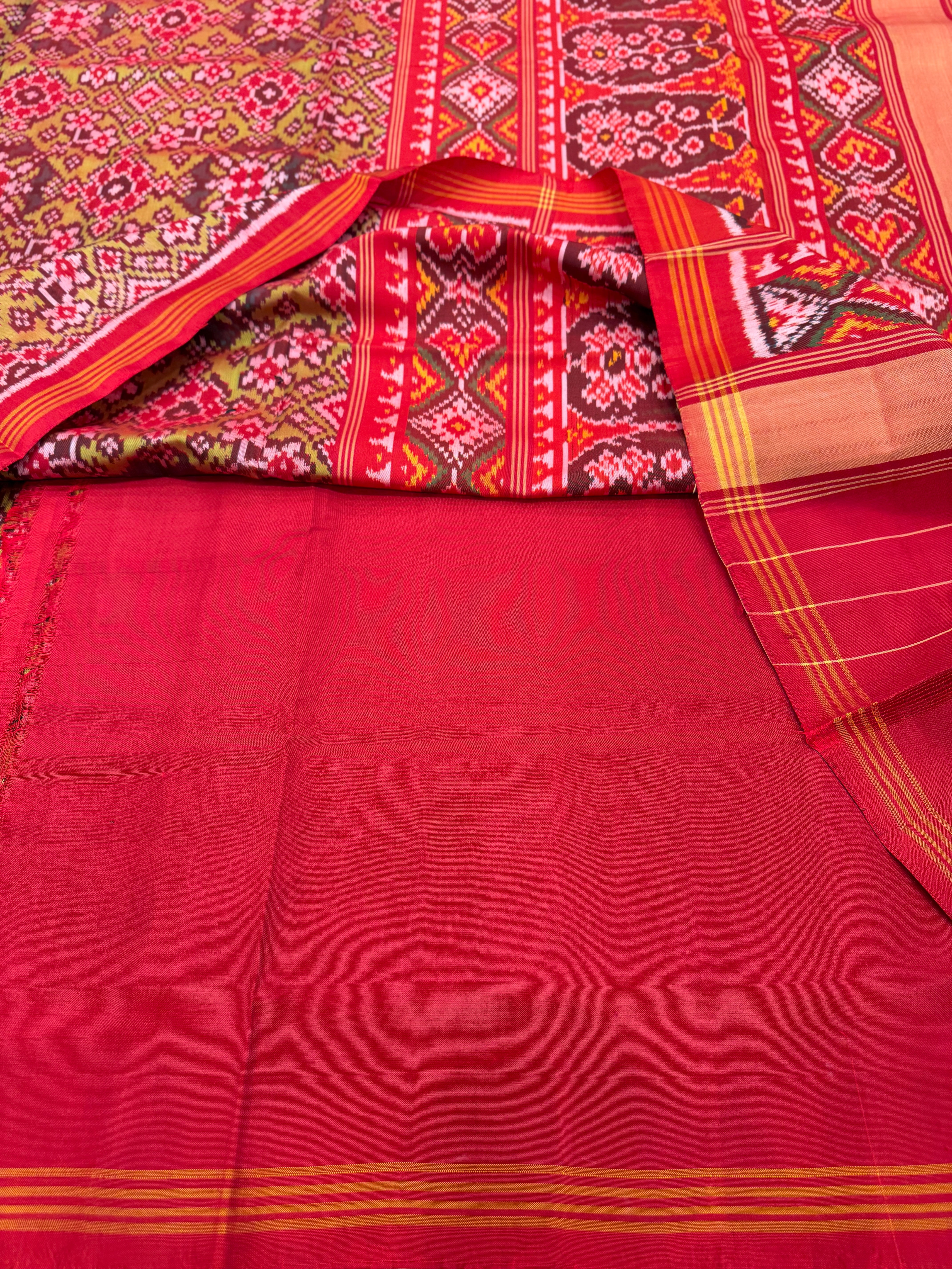 Lime Green Red Manek Chowk Pure Silk Handloom Patola Saree