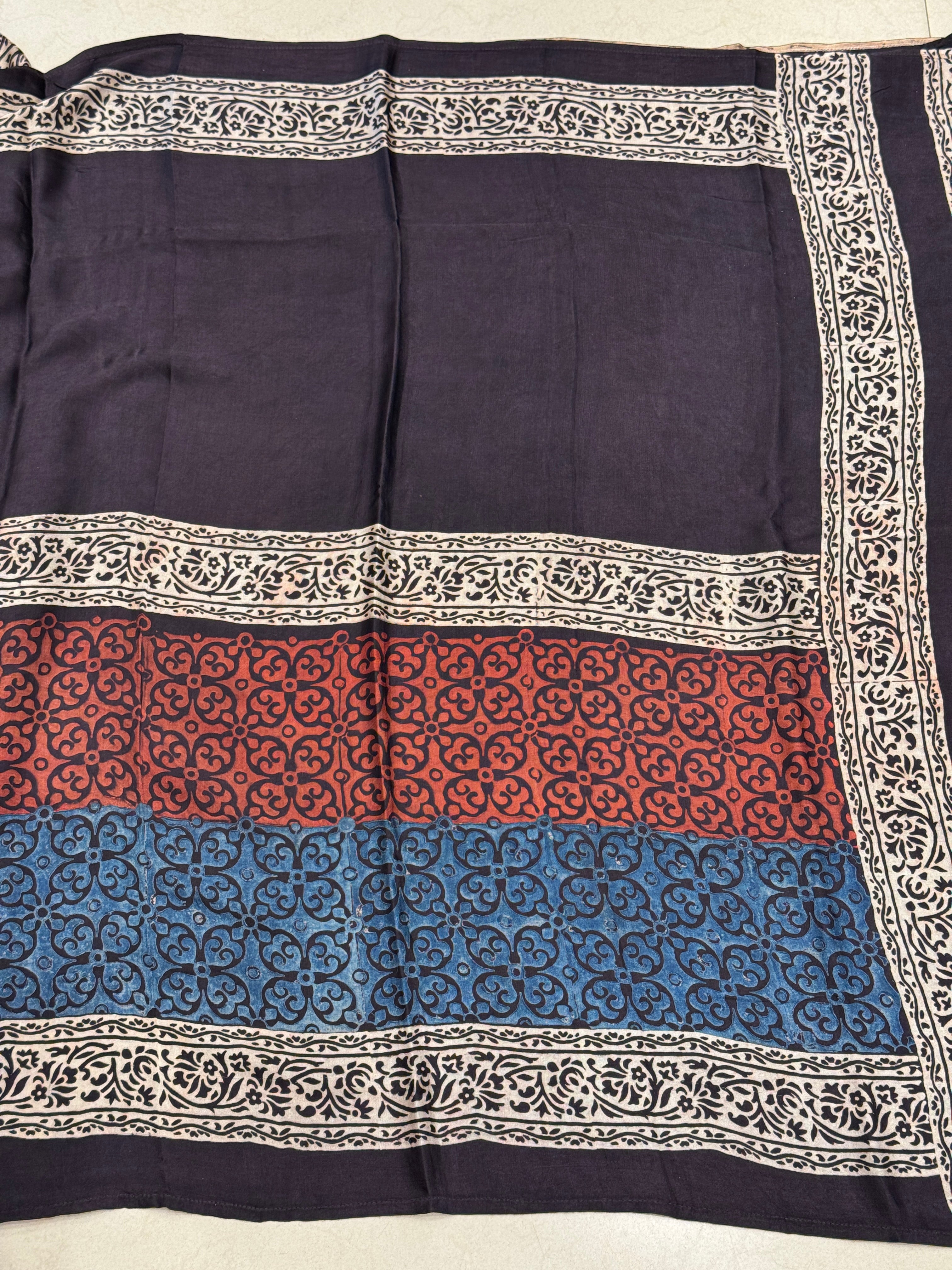 Black Multi Lagdi Patta Ajrakh Saree Modal Gajji Silk Hand Block Print
