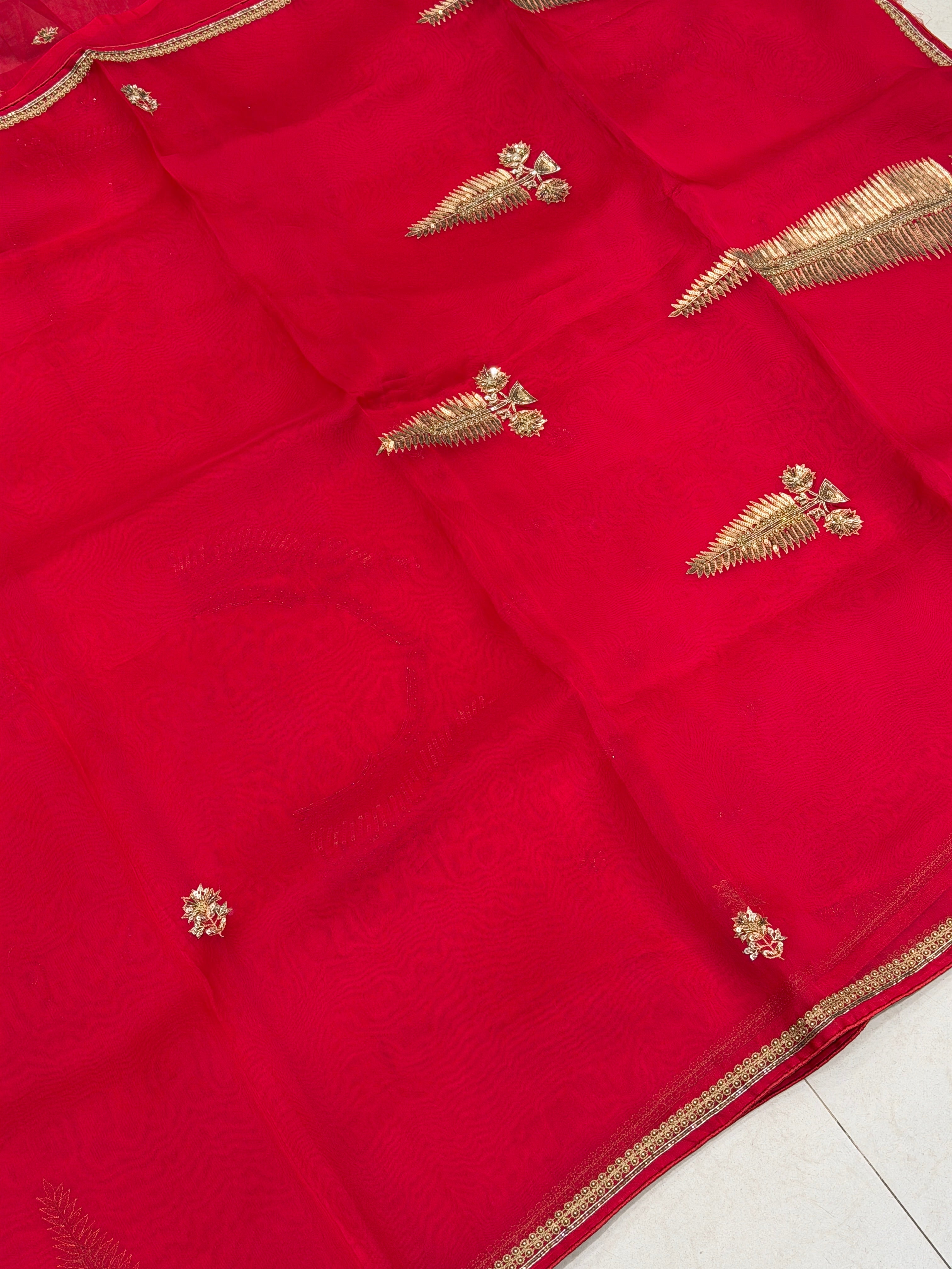 Red Pure Organza Raw Mango Inspired Contemporary Asopalav Pallu Zardodi Moti Sequin Hand Embroidery Saree
