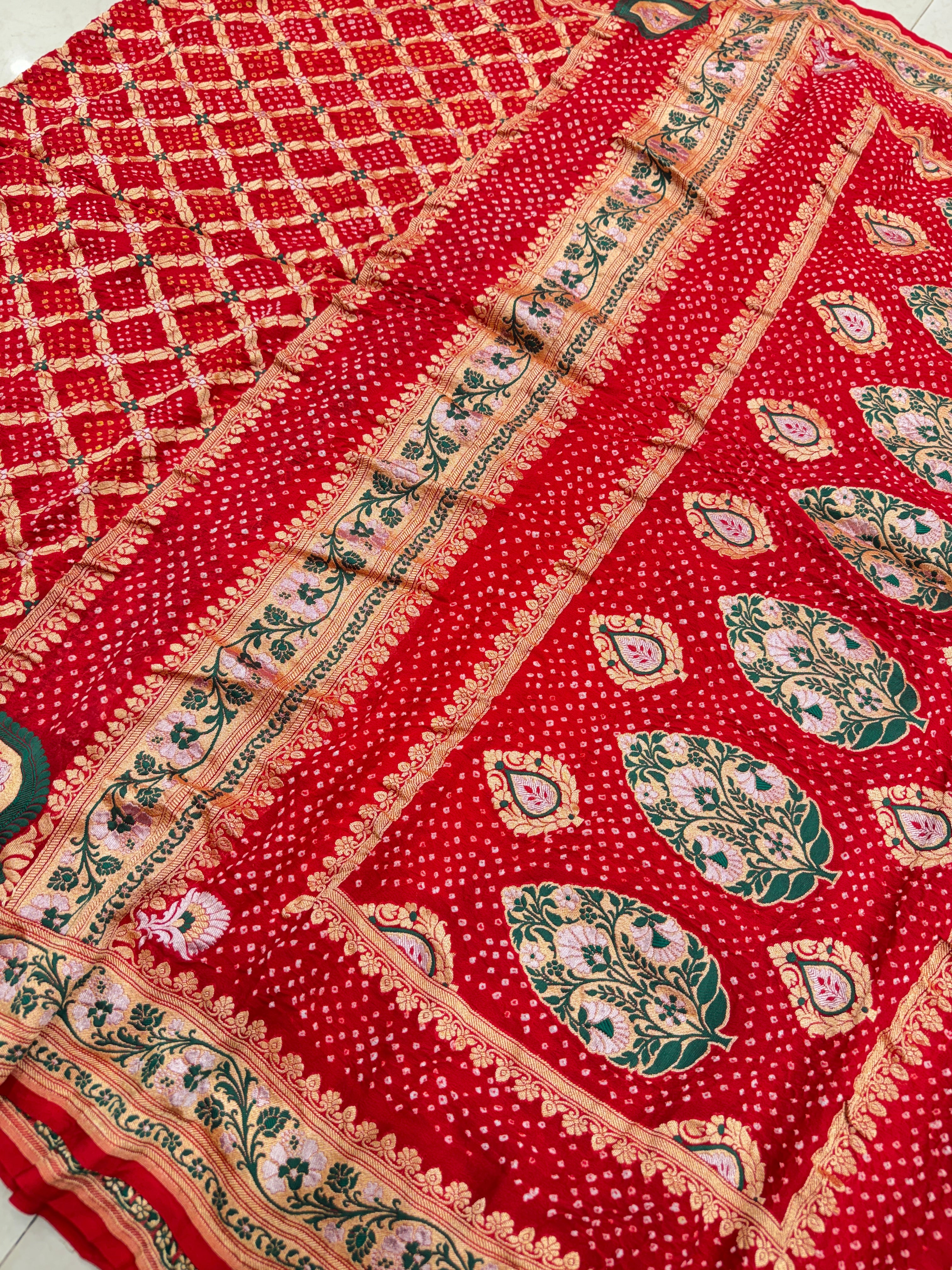 Red Sona Roopa Meenakari Rai Bandhej Saree