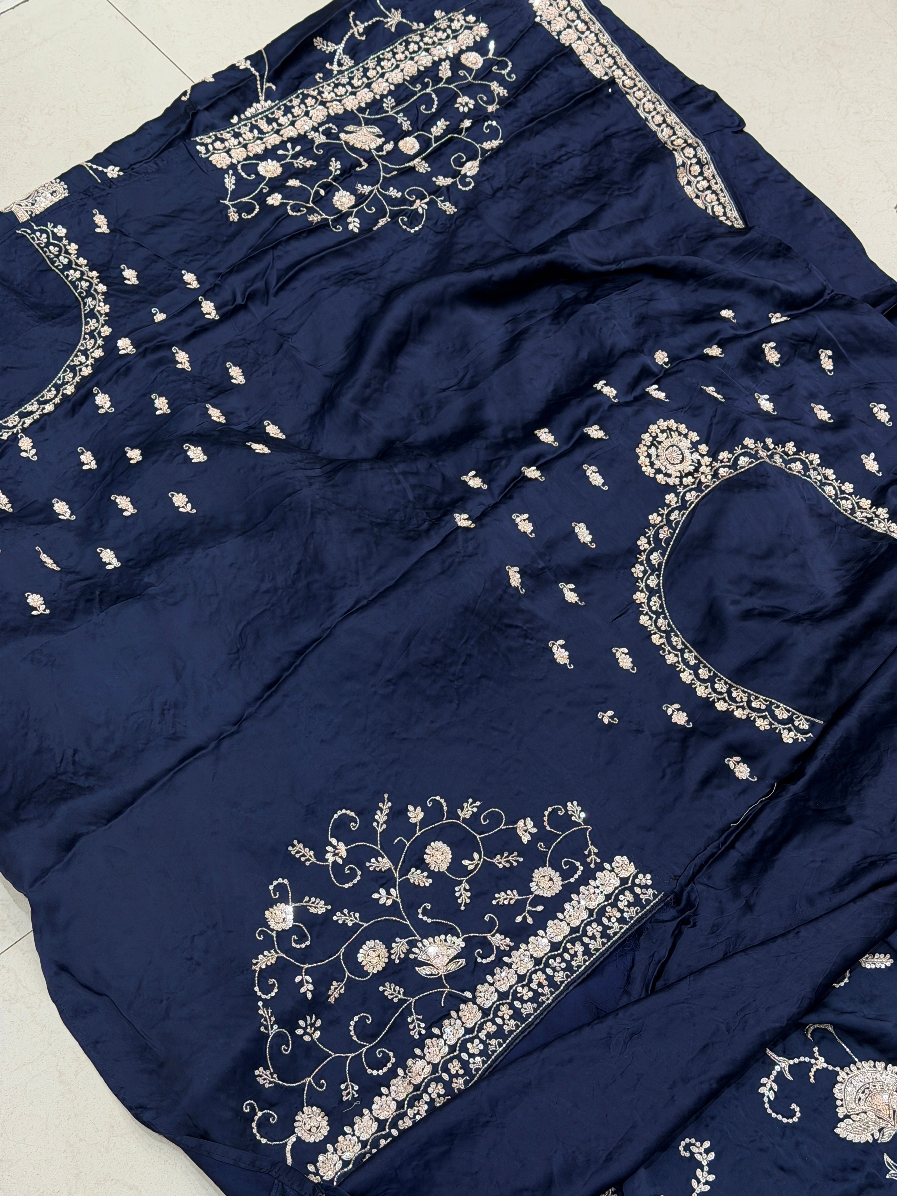 Blue Satin Silk Moti Sequin Jaal Hand Embroidery Saree