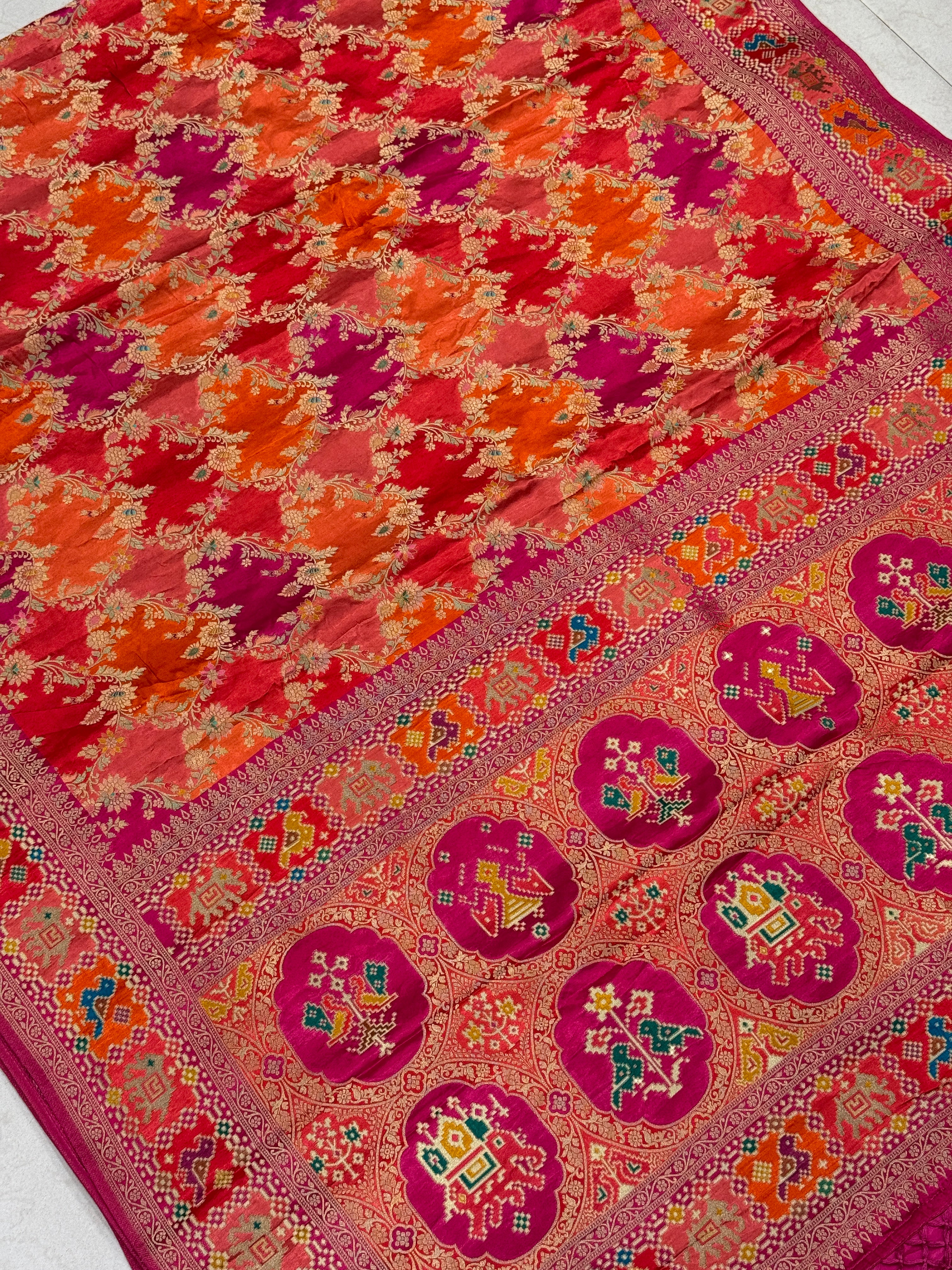 Orange Rani Banarasi Rangkat Fusion Patola Border Saree