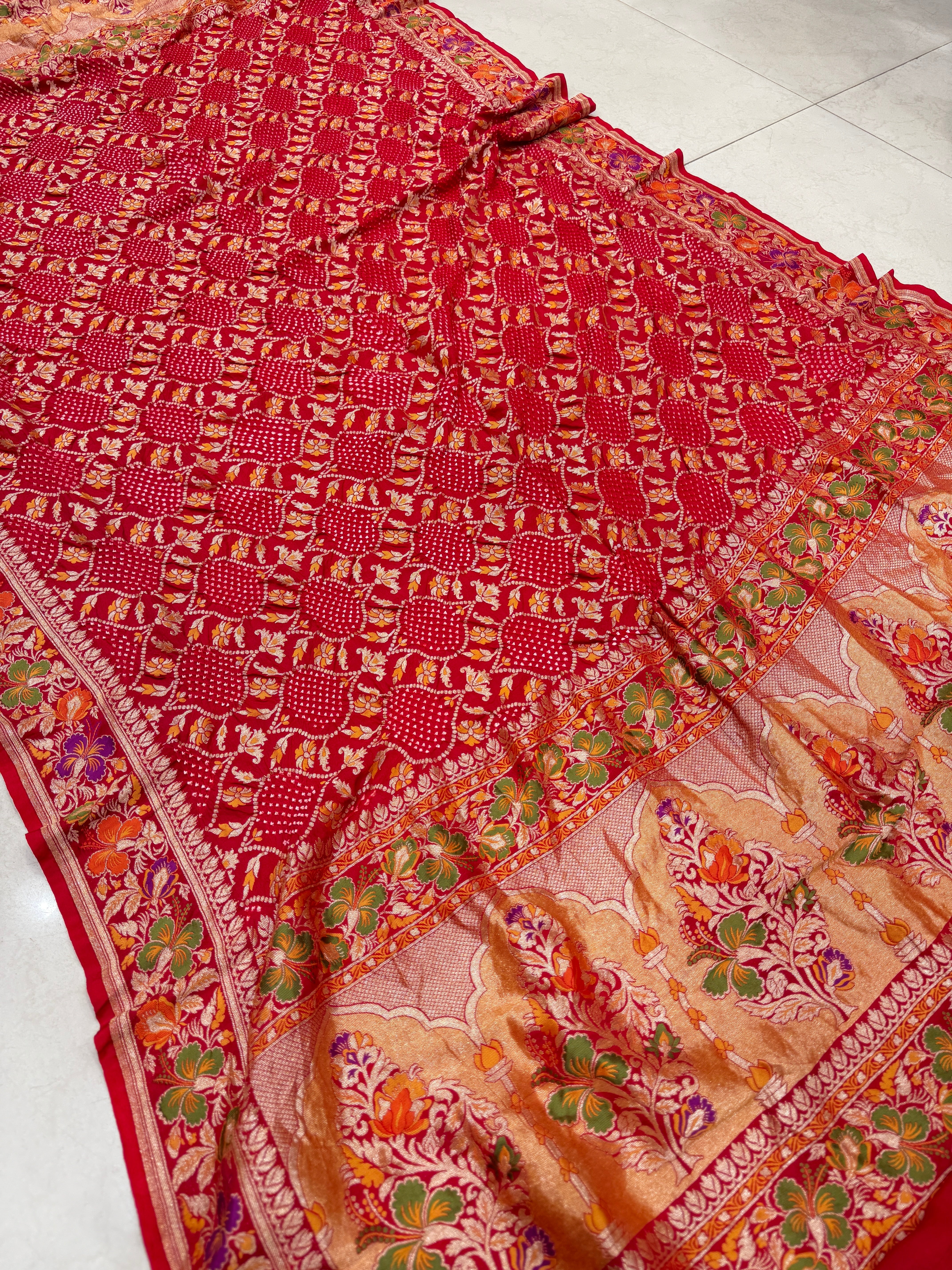 Red Handloom Meenakari Rai Bandhej Pure Zari Dupatta