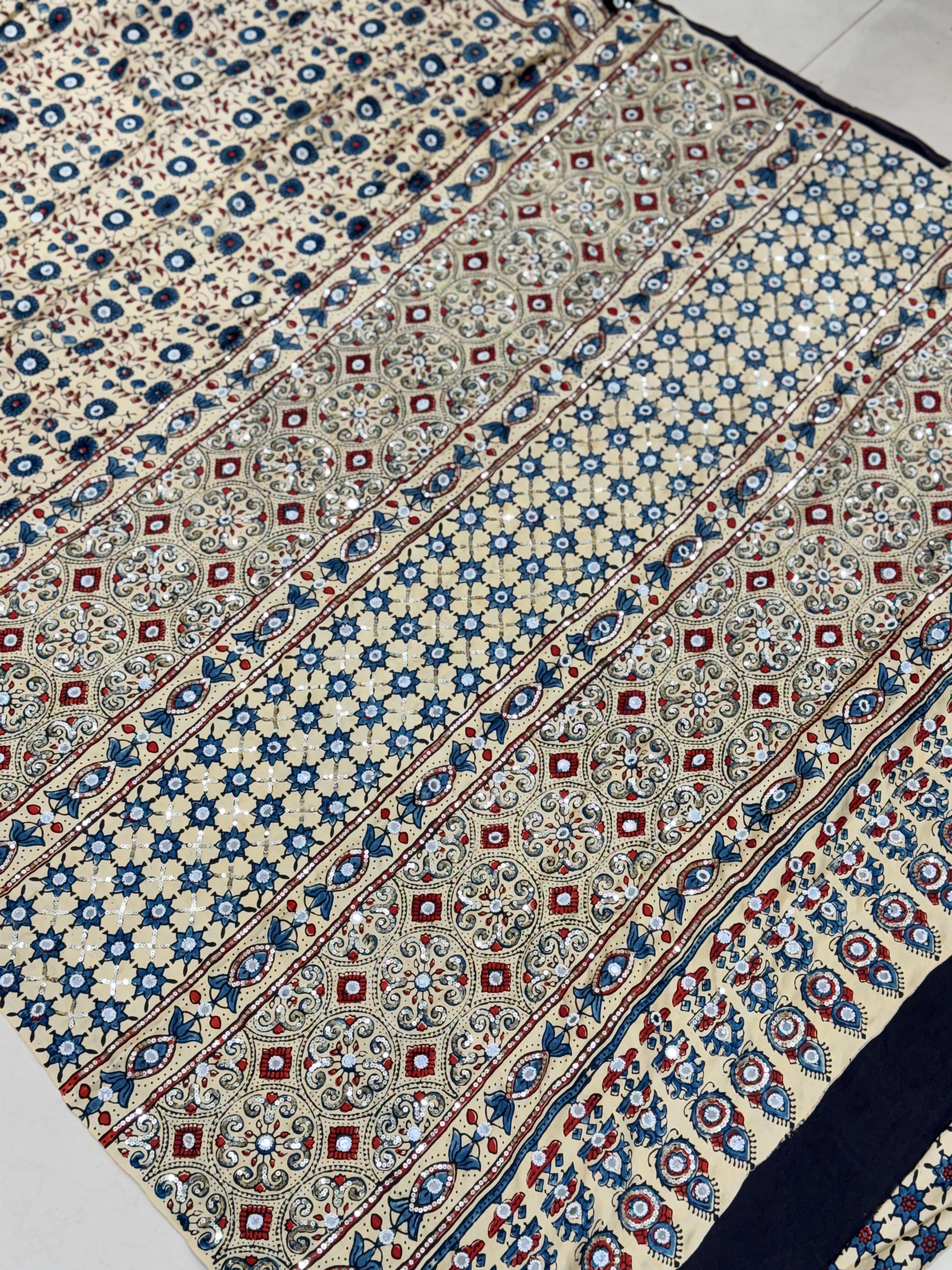 White Jaal Ajrakh Badam Buttas Sequin Mirror Hand Embroidery Saree