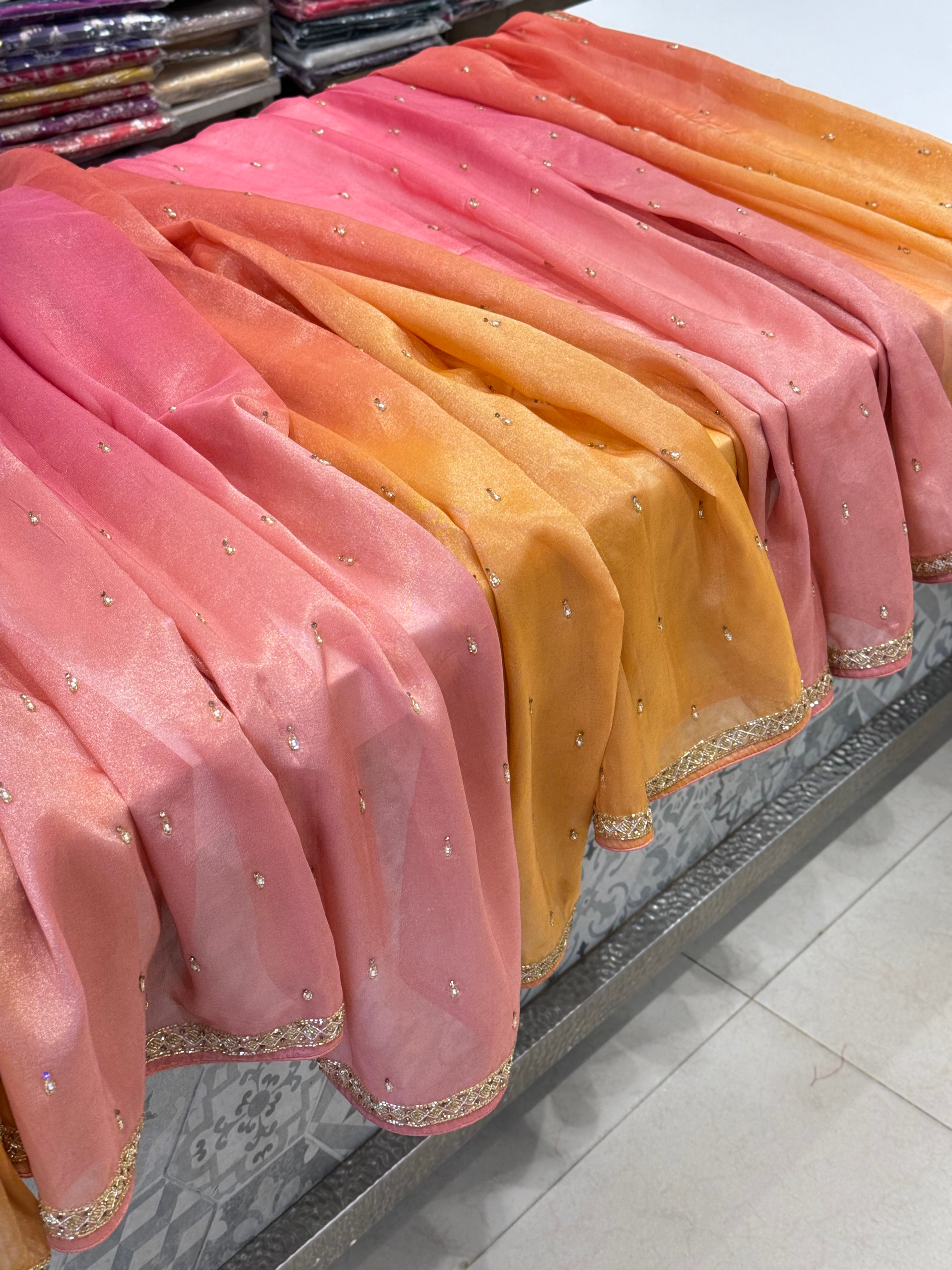 Shaded Tissue Crepe Butti Hand Embroidery Saree