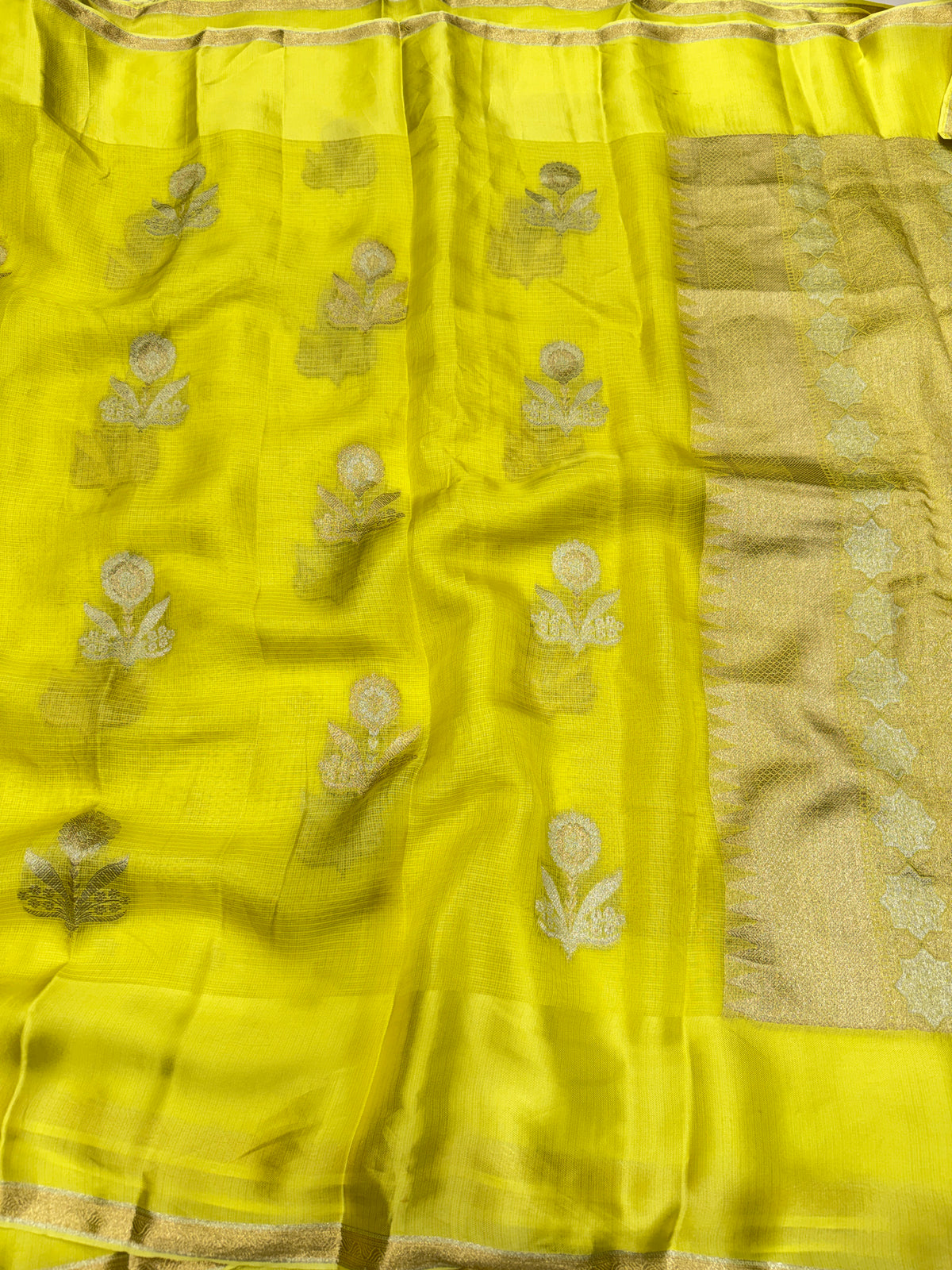 Neon Green Buttas Manipuri Kota Silk Saree