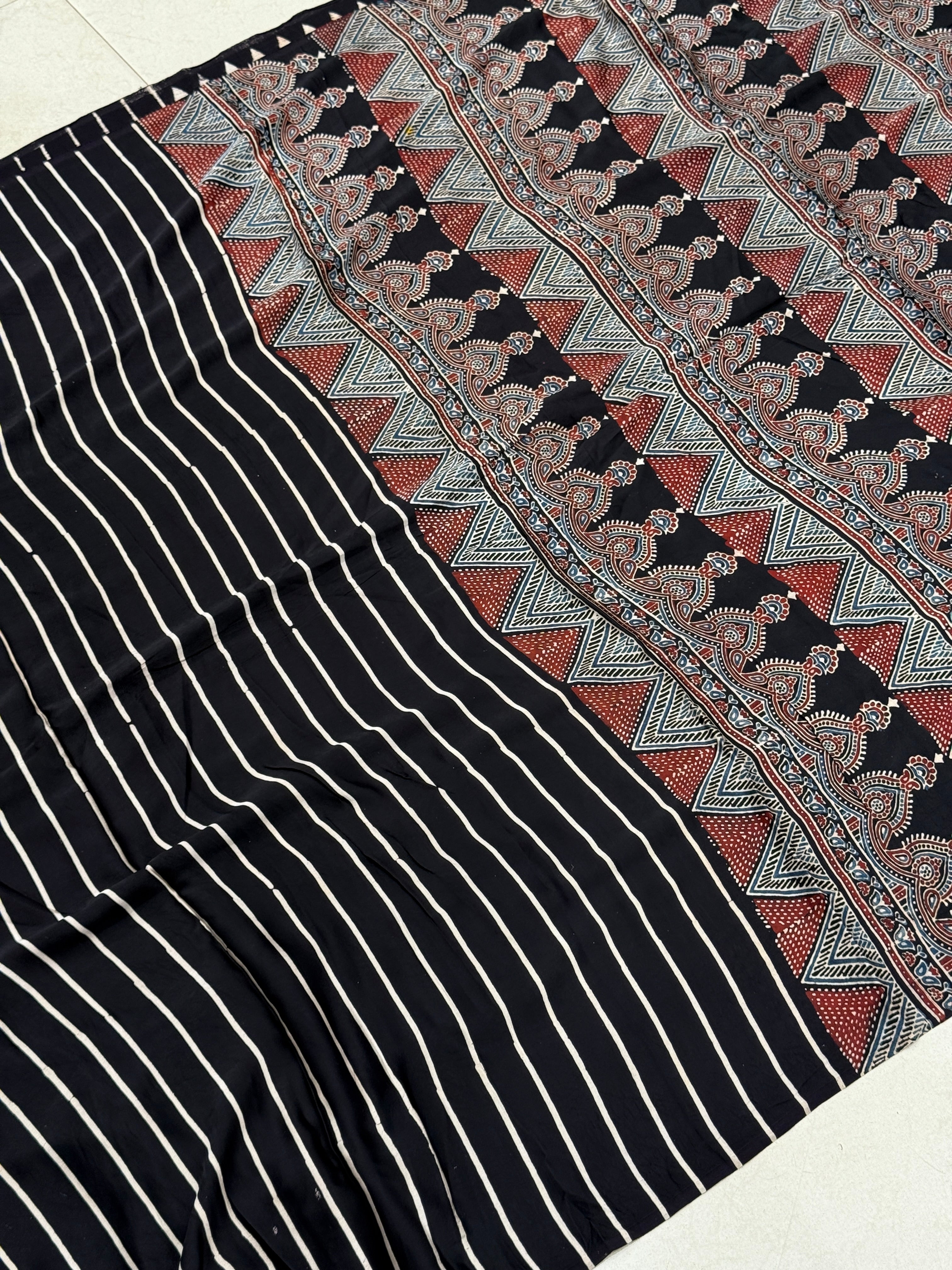 Black Contemporary Ajrakh Block Print Hand Pure Gajji Silk Saree