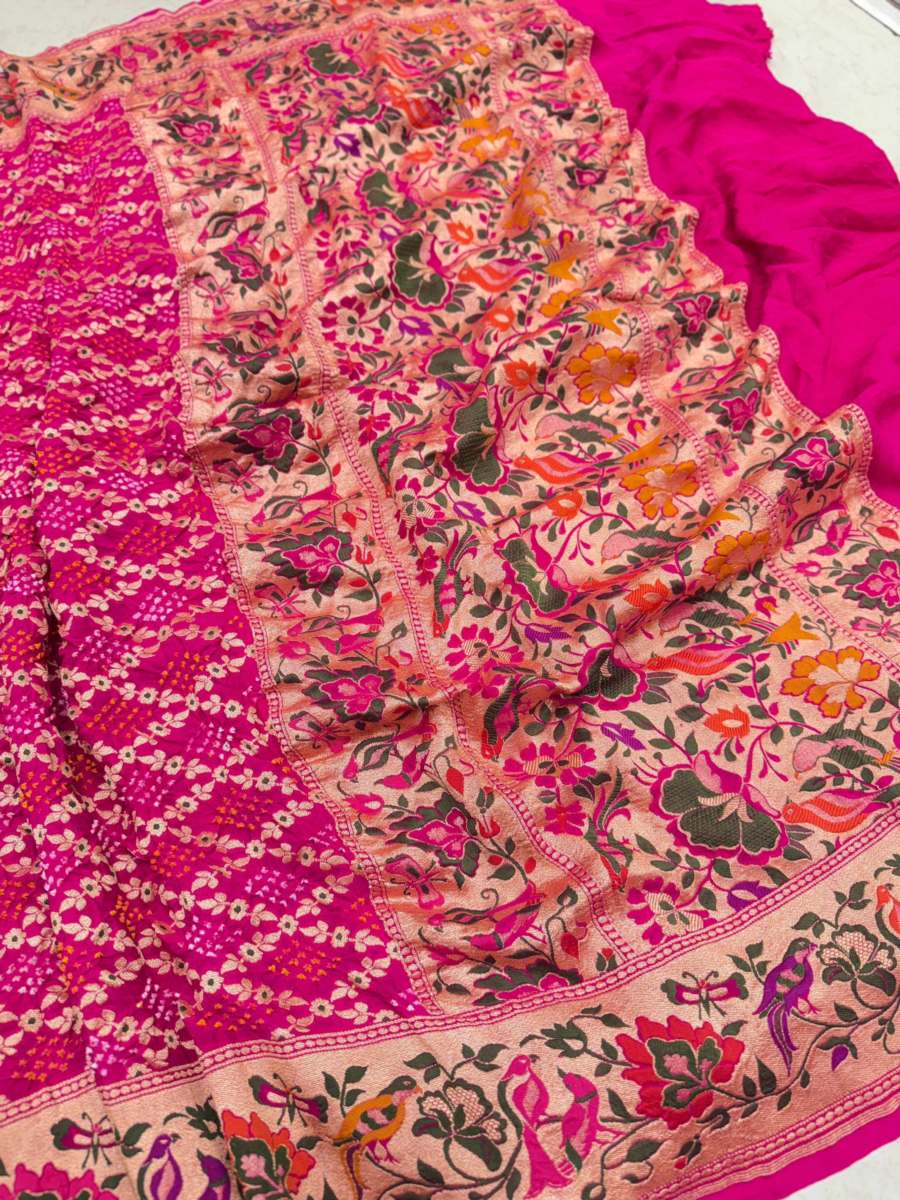 Rani Pink Paithani Style Meenakari Rai Bandhej Georgette Bandhini Saree