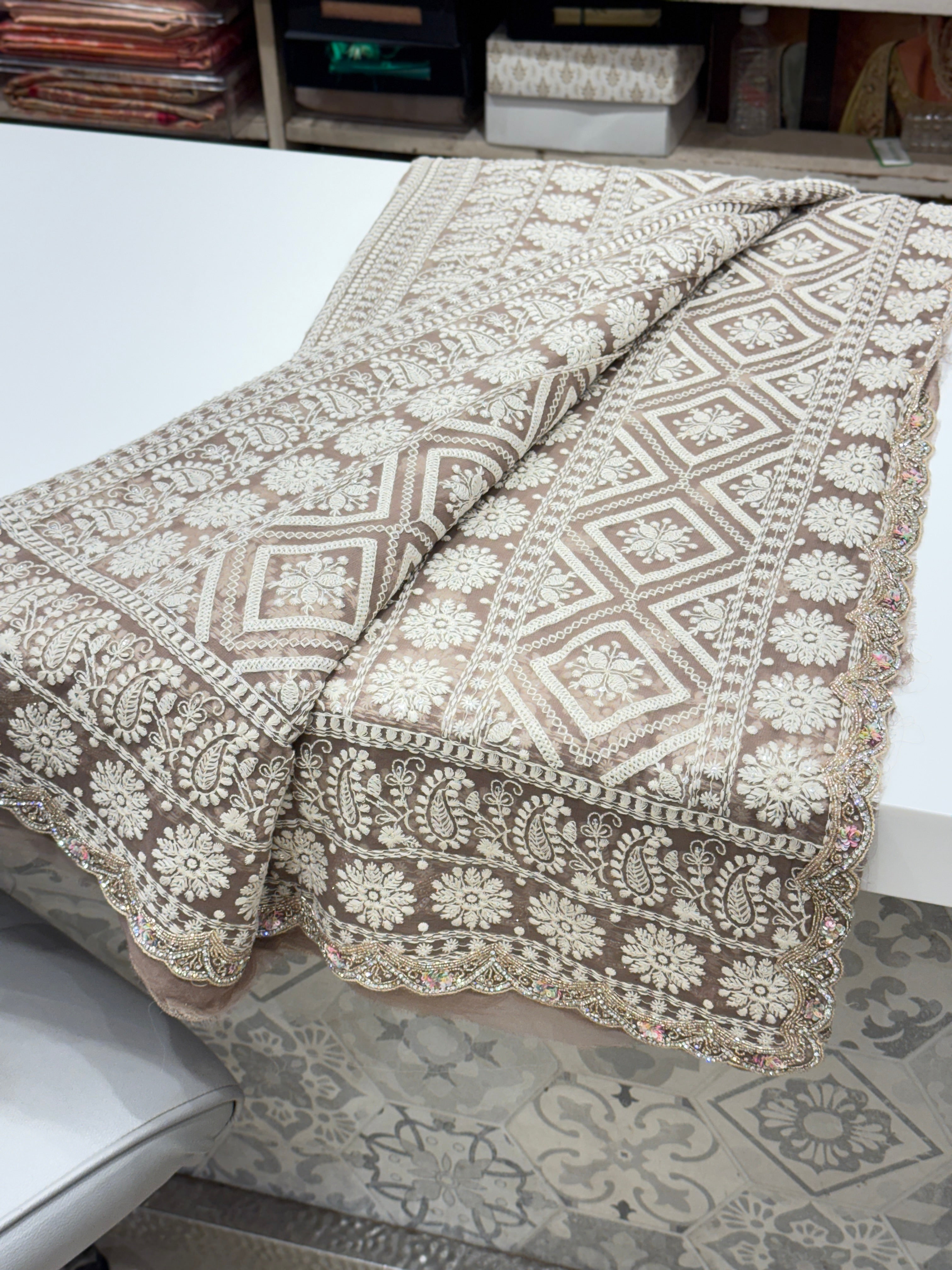 Mauve Pink Butta Chikankari on Georgette with Cutdana Hand Embroidery