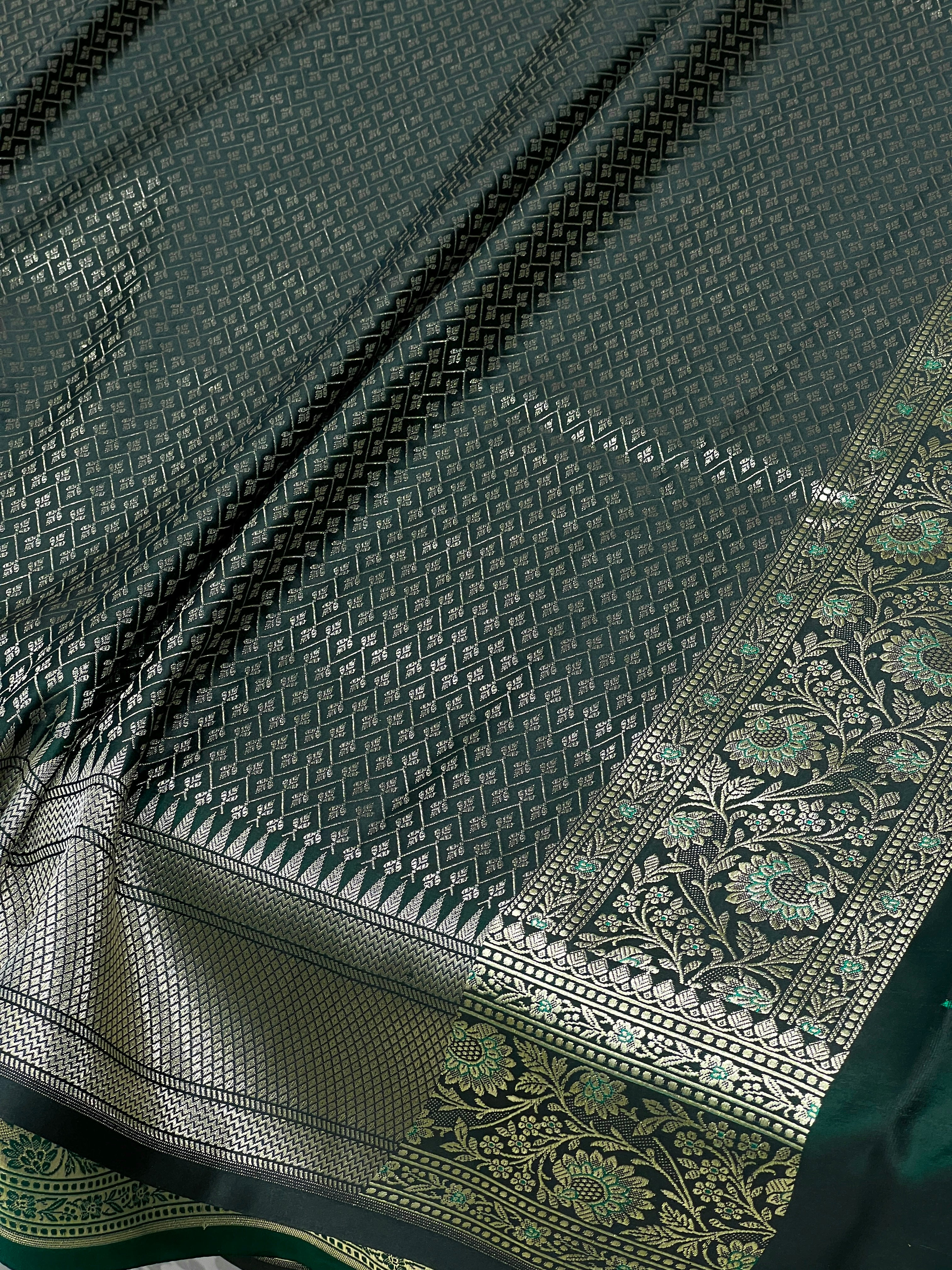 Greenish Black Banarasi Upside Down Border Saree