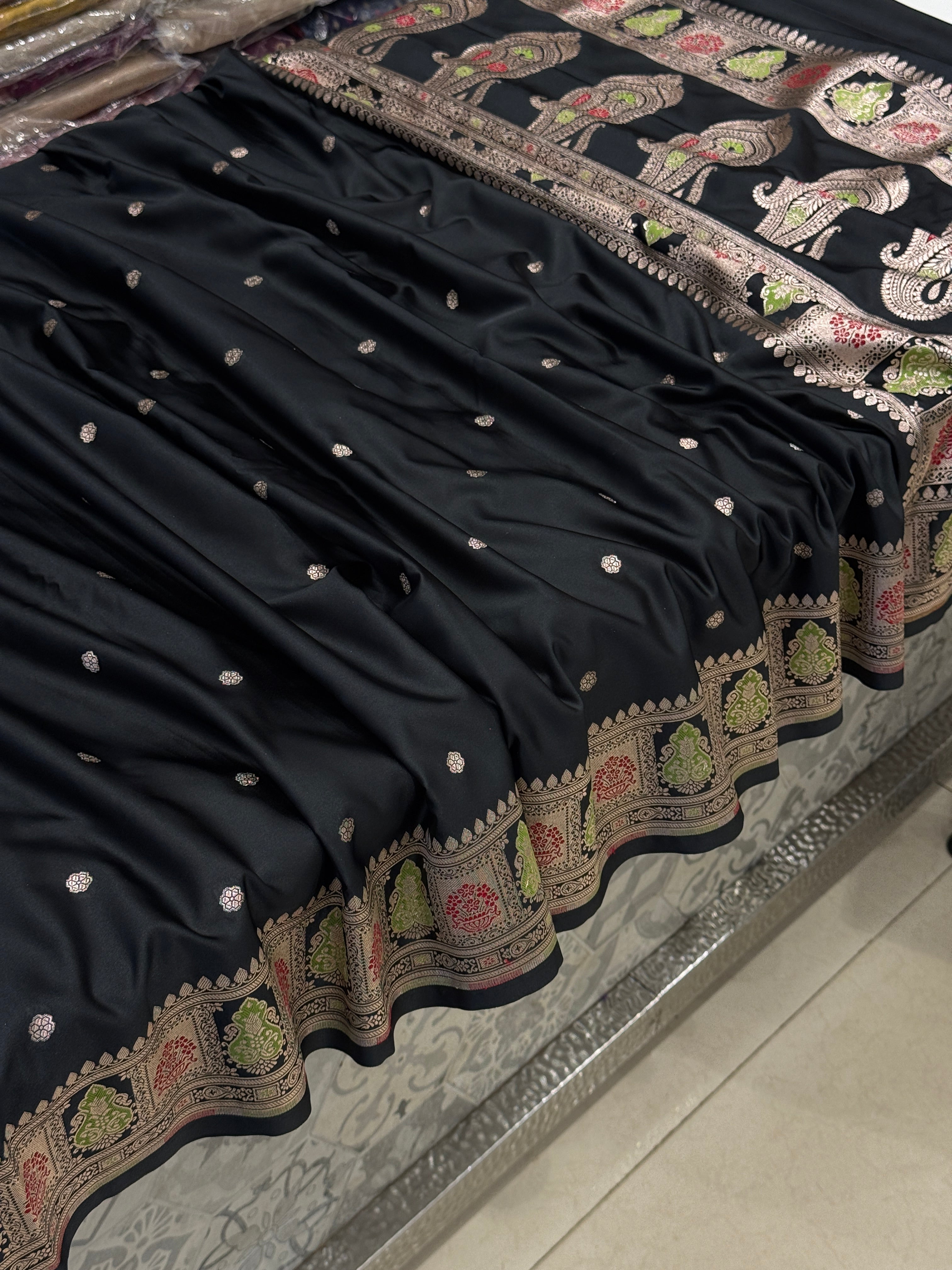 Black Banarasi Silk Butti Saree with Meenkari Border