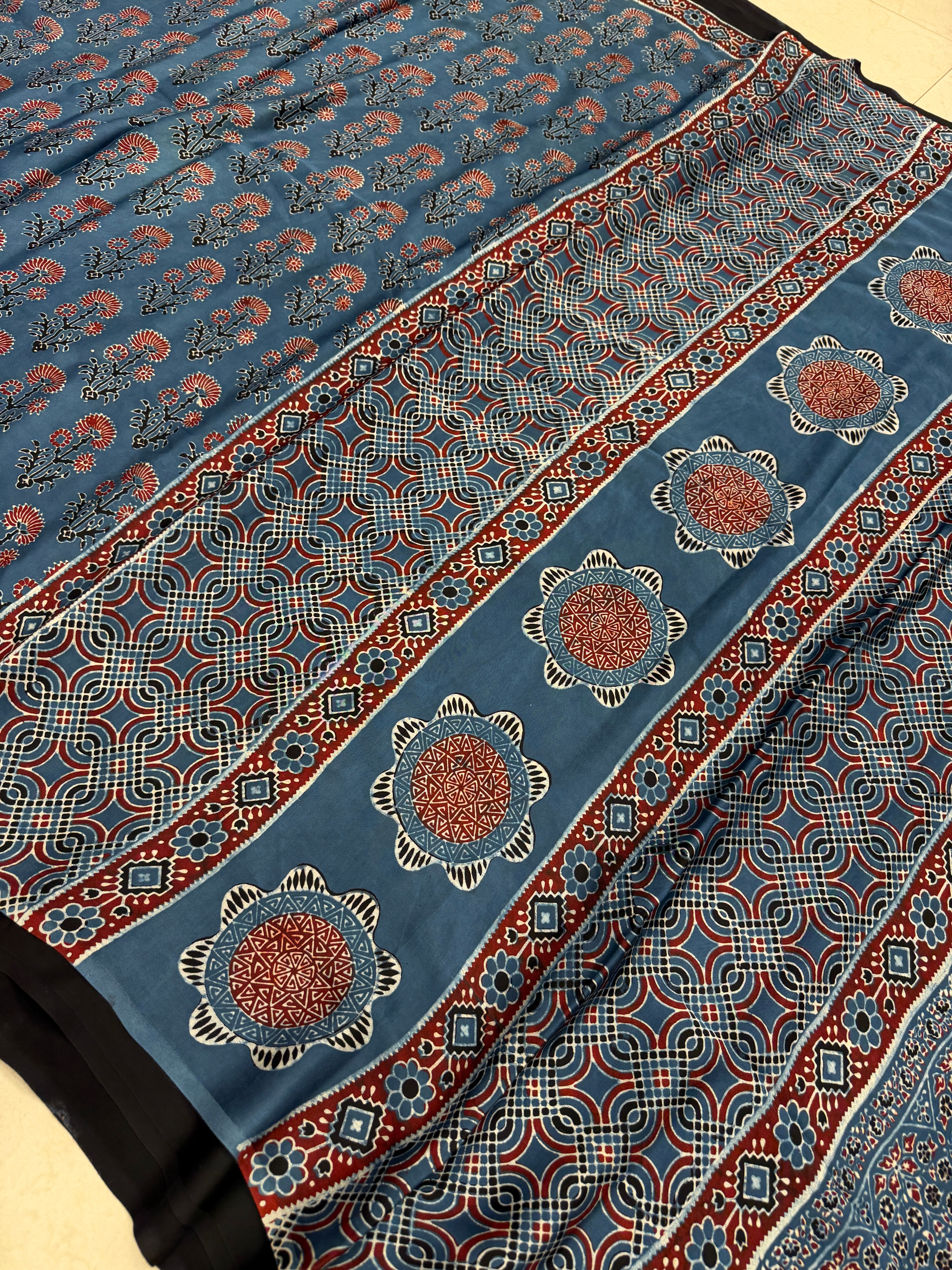 Blue Buttas Ajrakh Hand Block Print Pure Gajji Silk Saree
