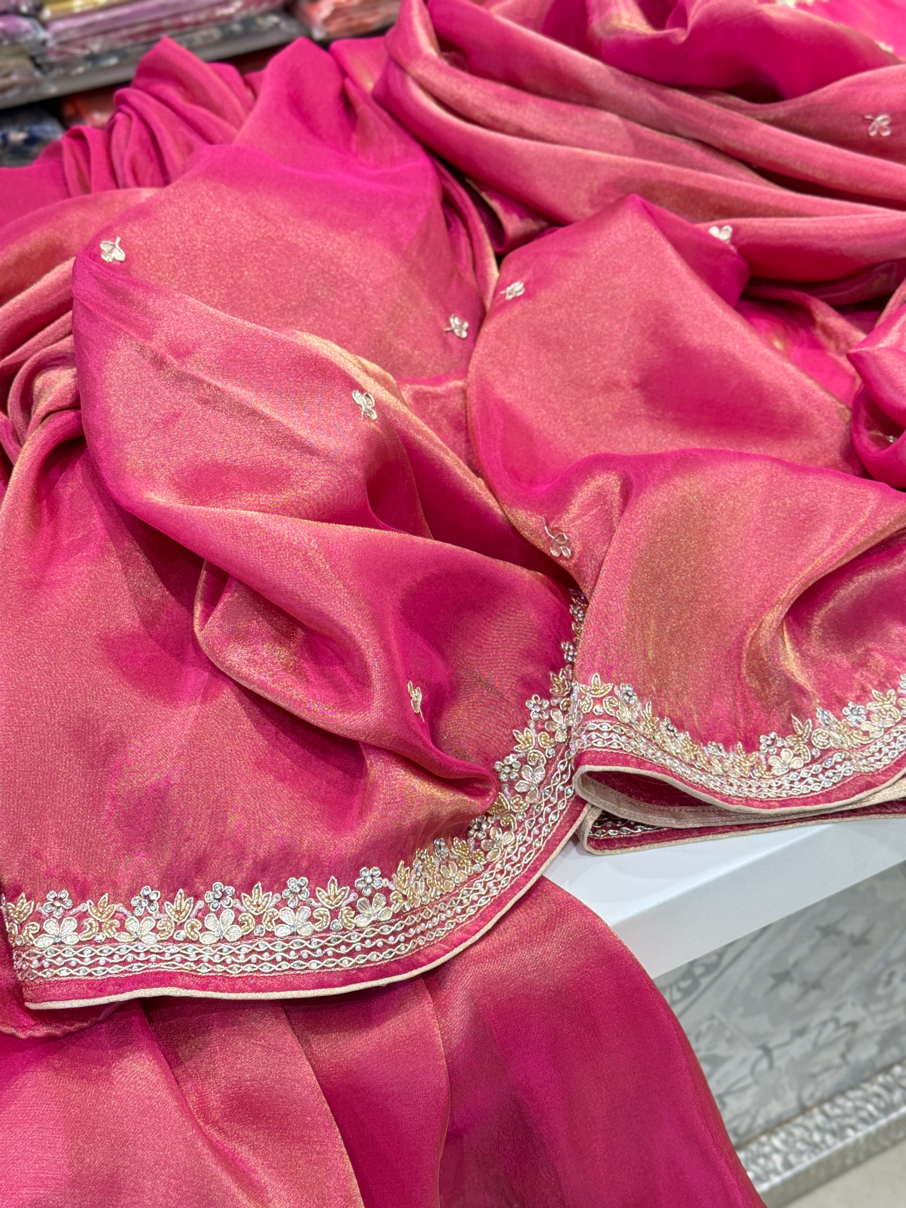 Crimson Crepe Tissue Border Embroidery Saree
