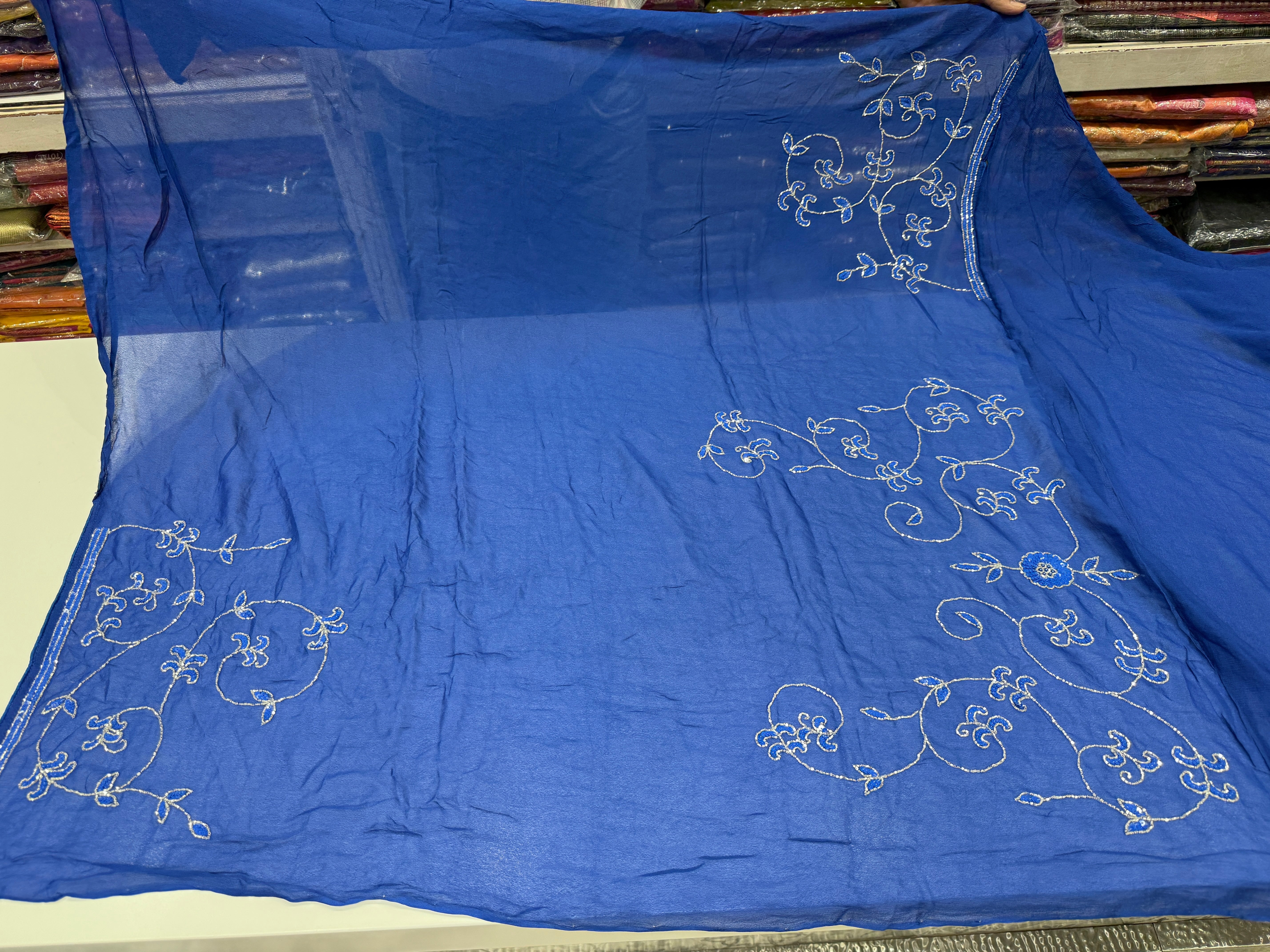 Blue on Blue Georgette Hand Embroidery Jaal Saree