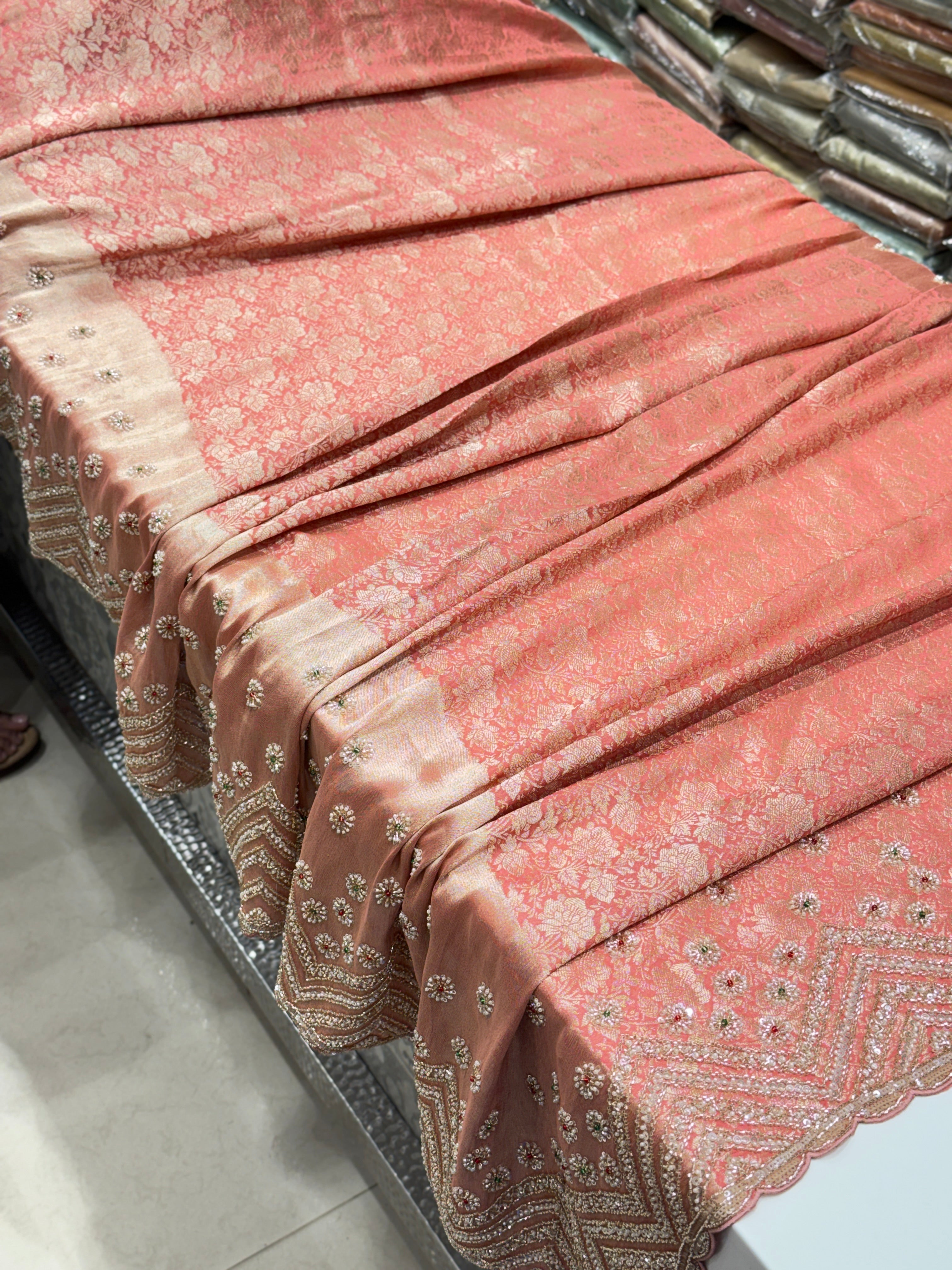 Pink Floral Weave Soft Silk Moti Crystal Embroidery Saree