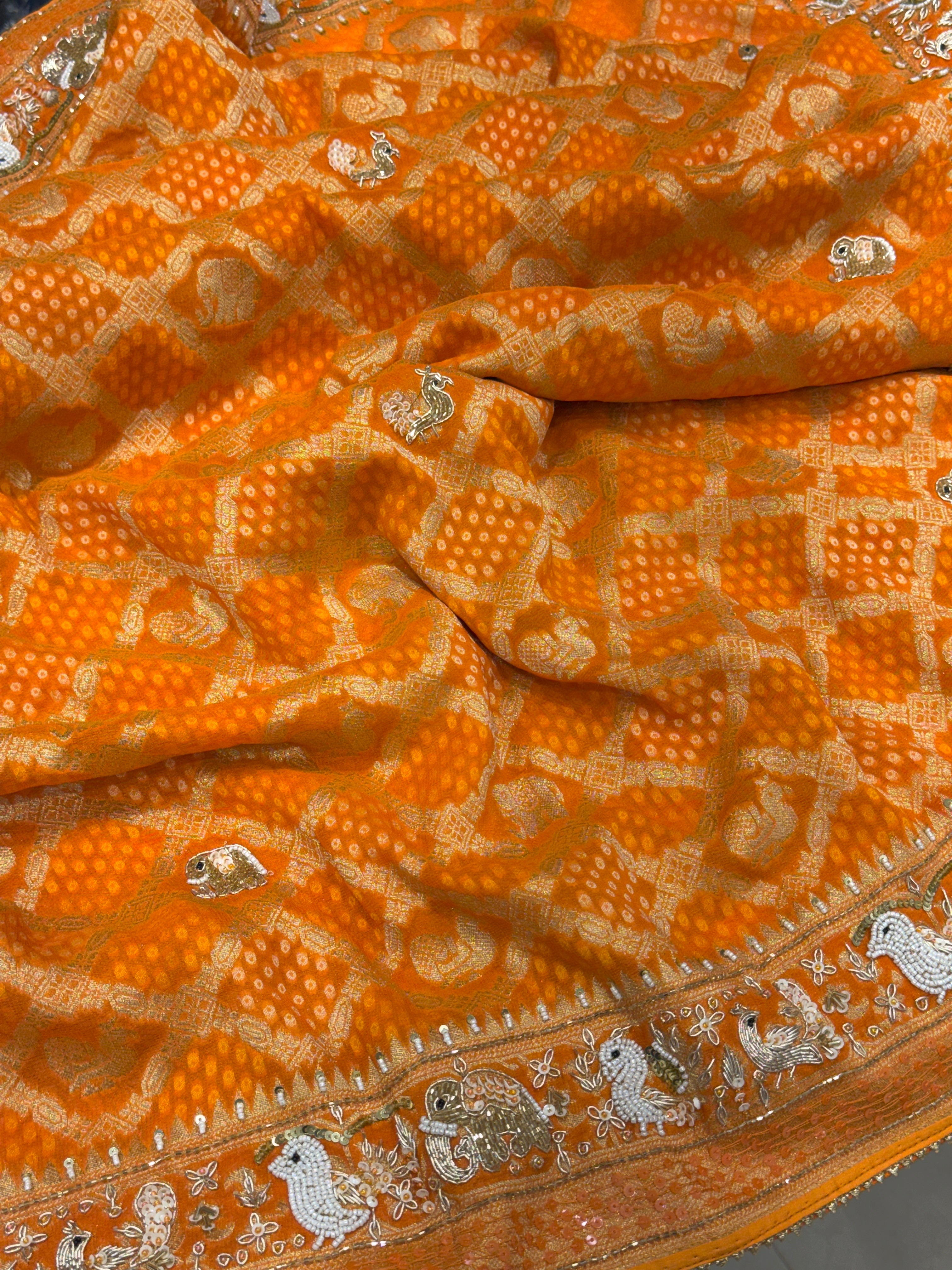 Orange Woven Bandhej Georgette Hand Embroidery Saree