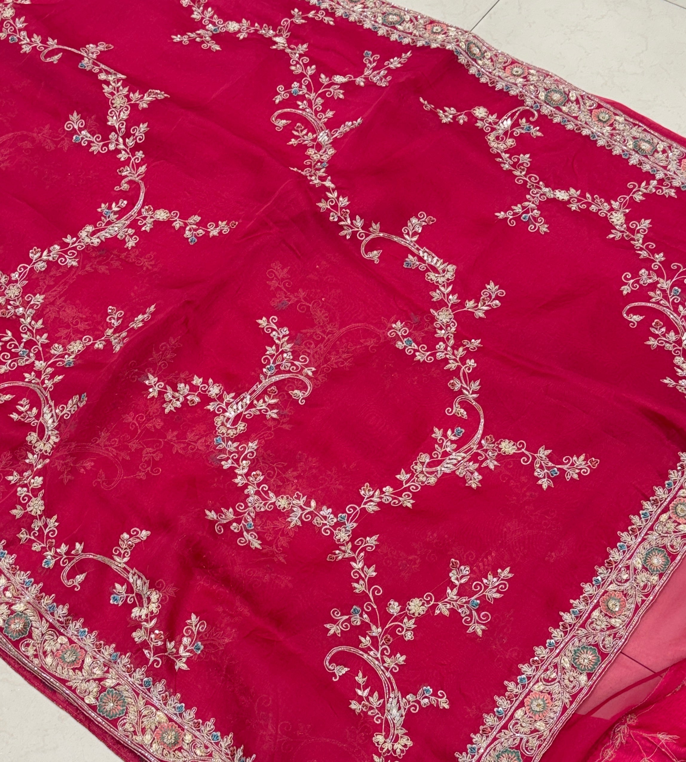 Rani Pink Organza Resham Zardosi Hand Embroidery Saree