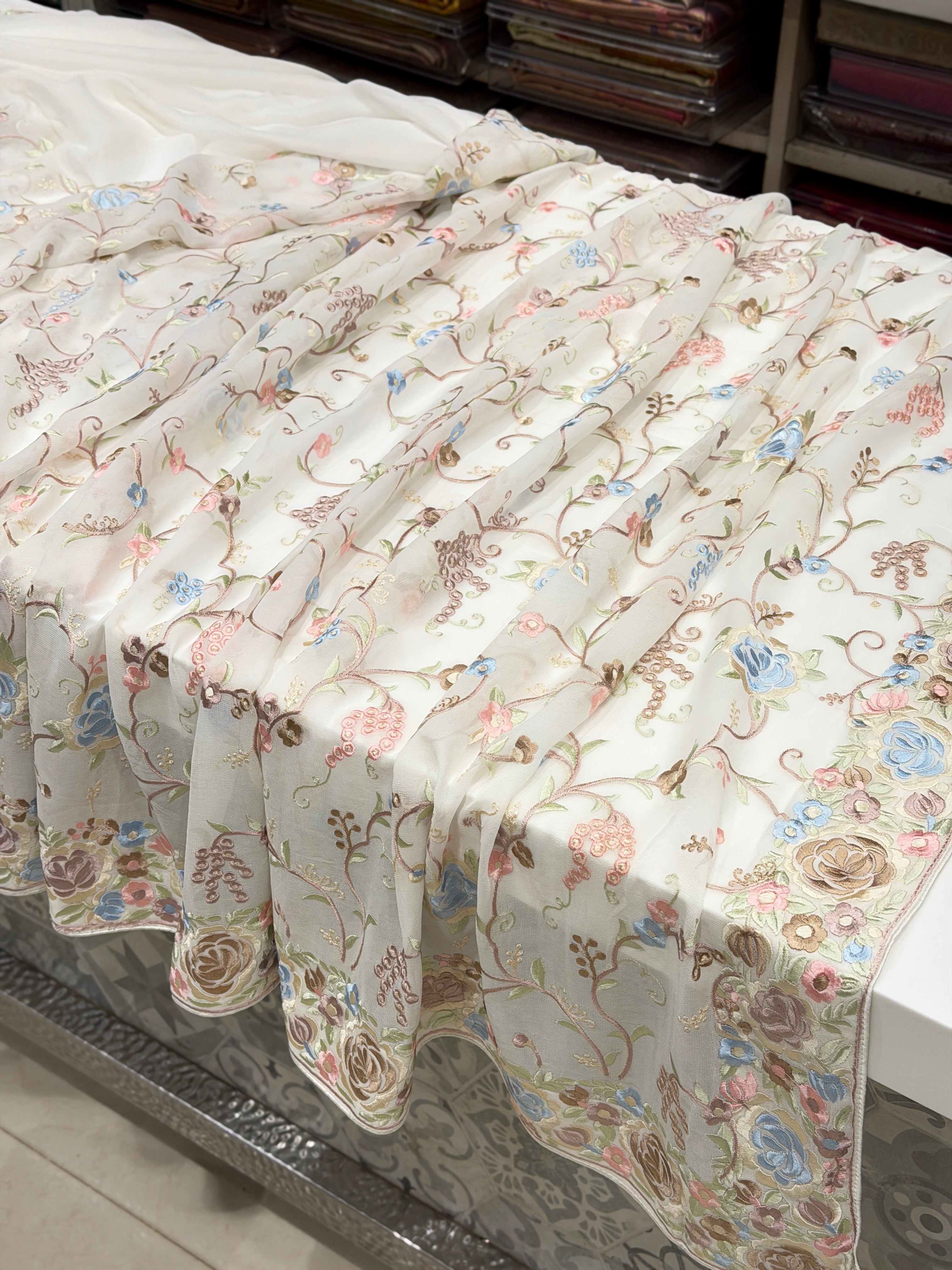White Georgette Meenakari Floral Jaal Parsi Gara Saree