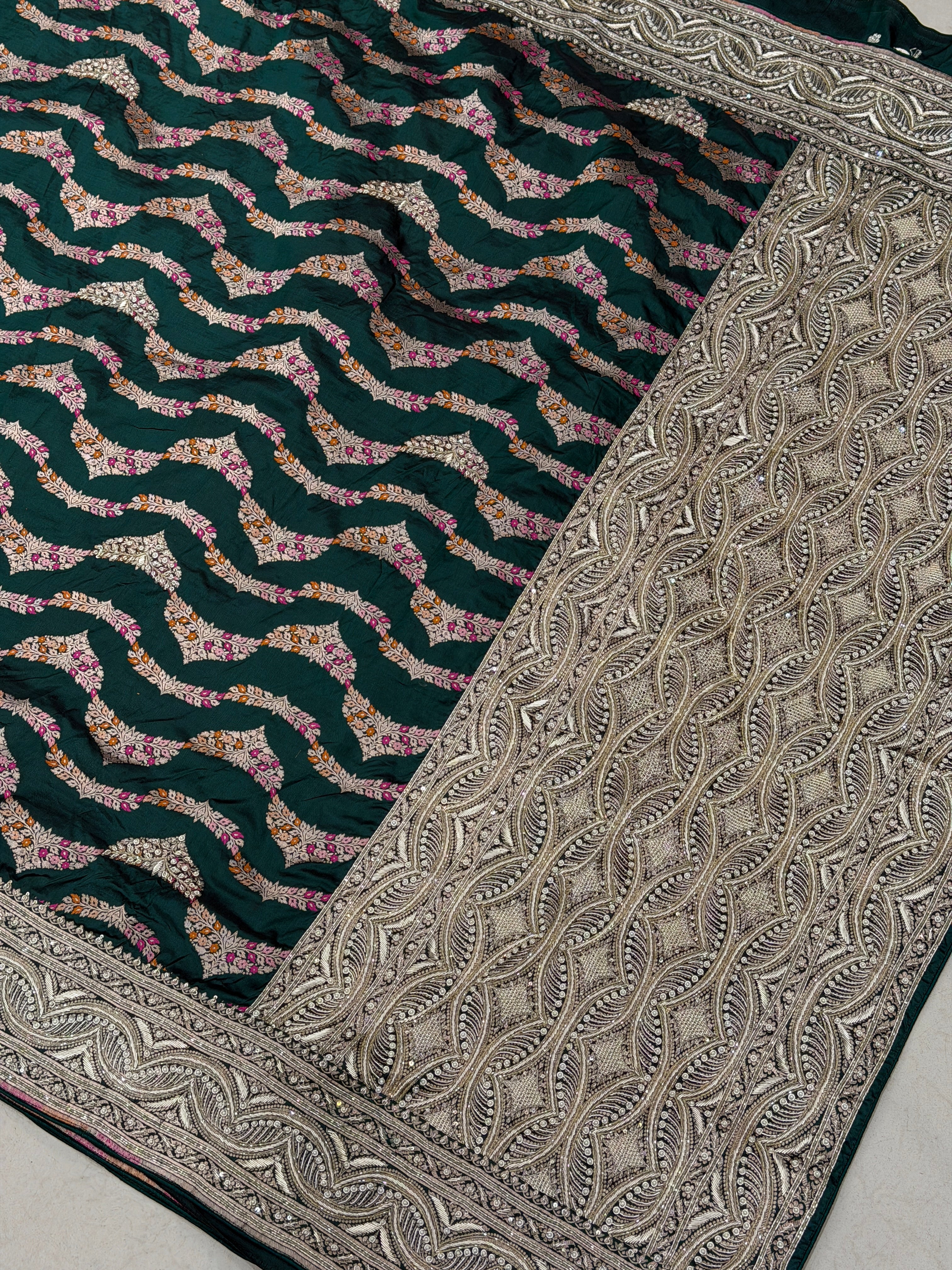 Bottle Green Meenakari Handloom Banarasi Katan Silk Zardosi Hand Embroidery Saree