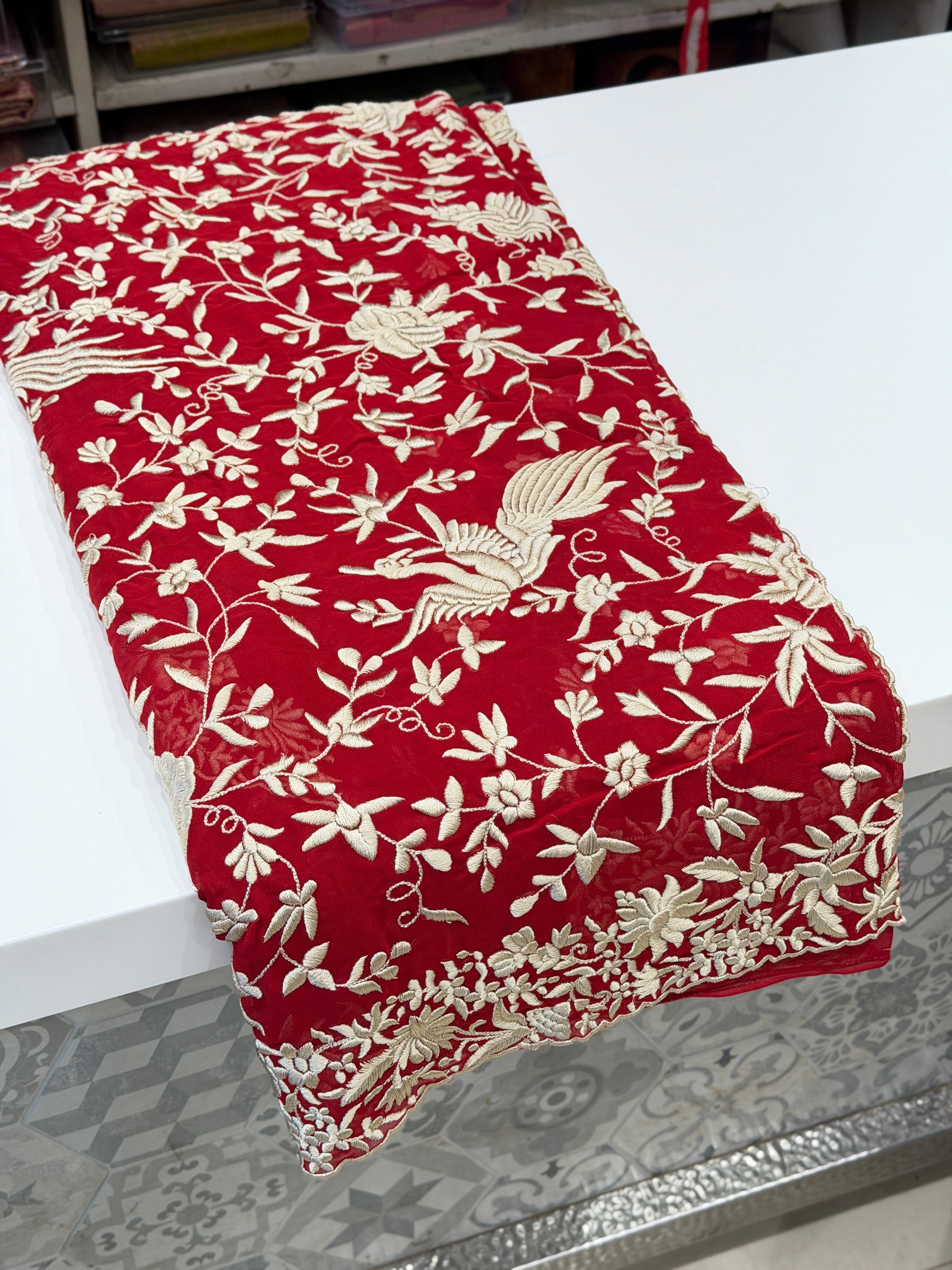 Red Georgette Floral Jaal Flamingo Resham Embroidery Saree