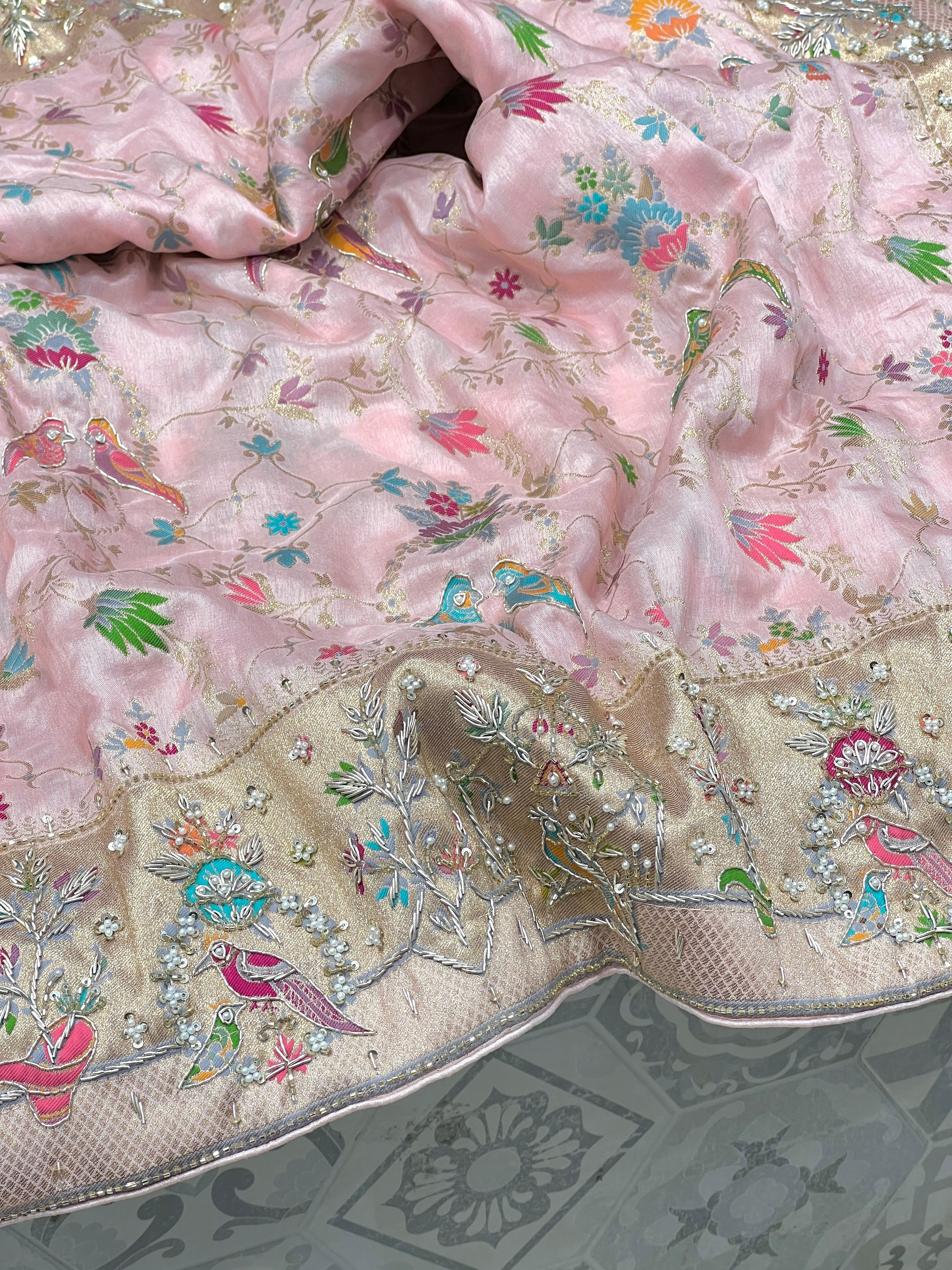 Pink Banarasi Munga Shikara Zardozi Hand Embroidery Saree