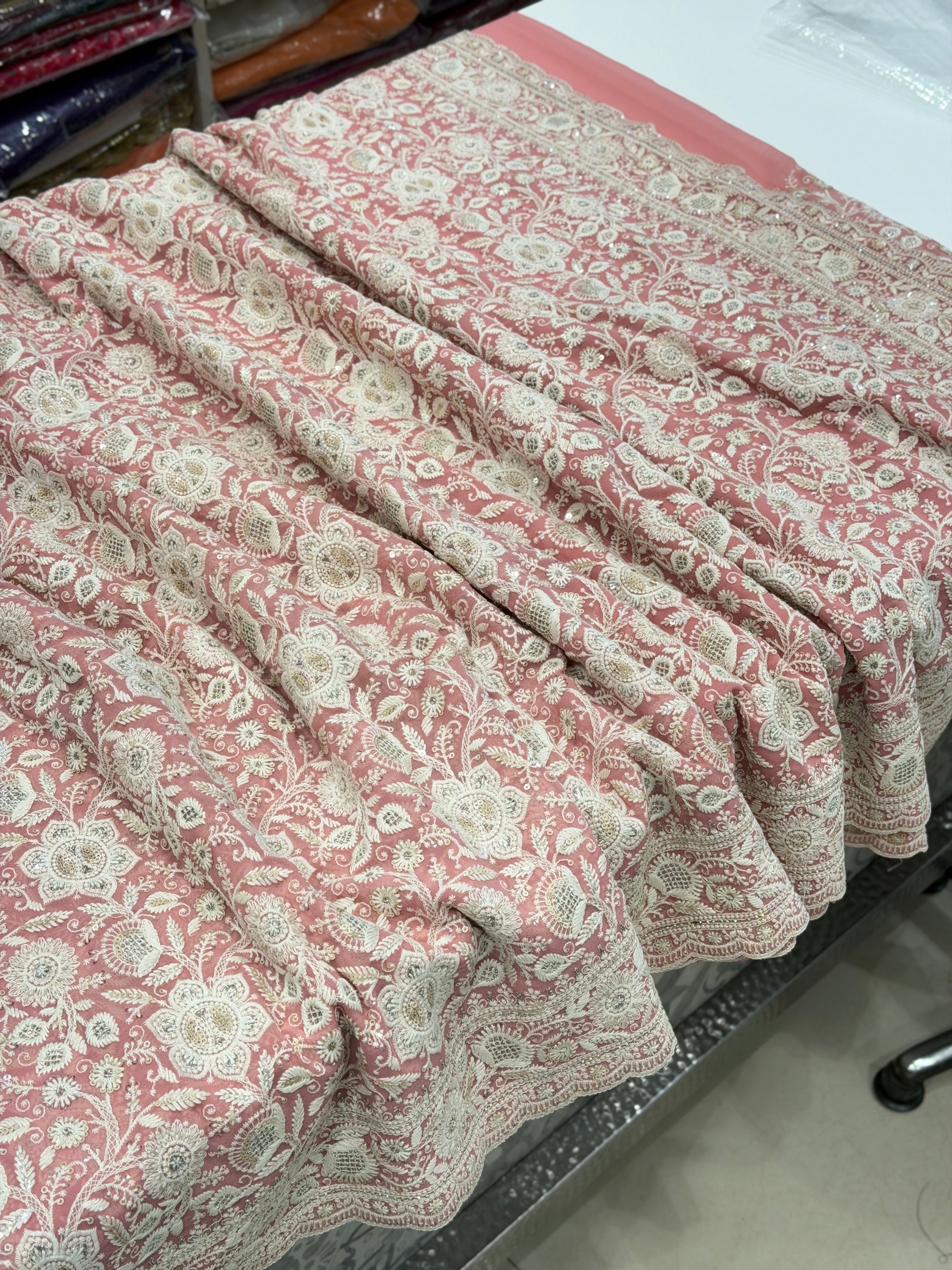 Pink Chikankari Georgette Small Scallop Design Saree