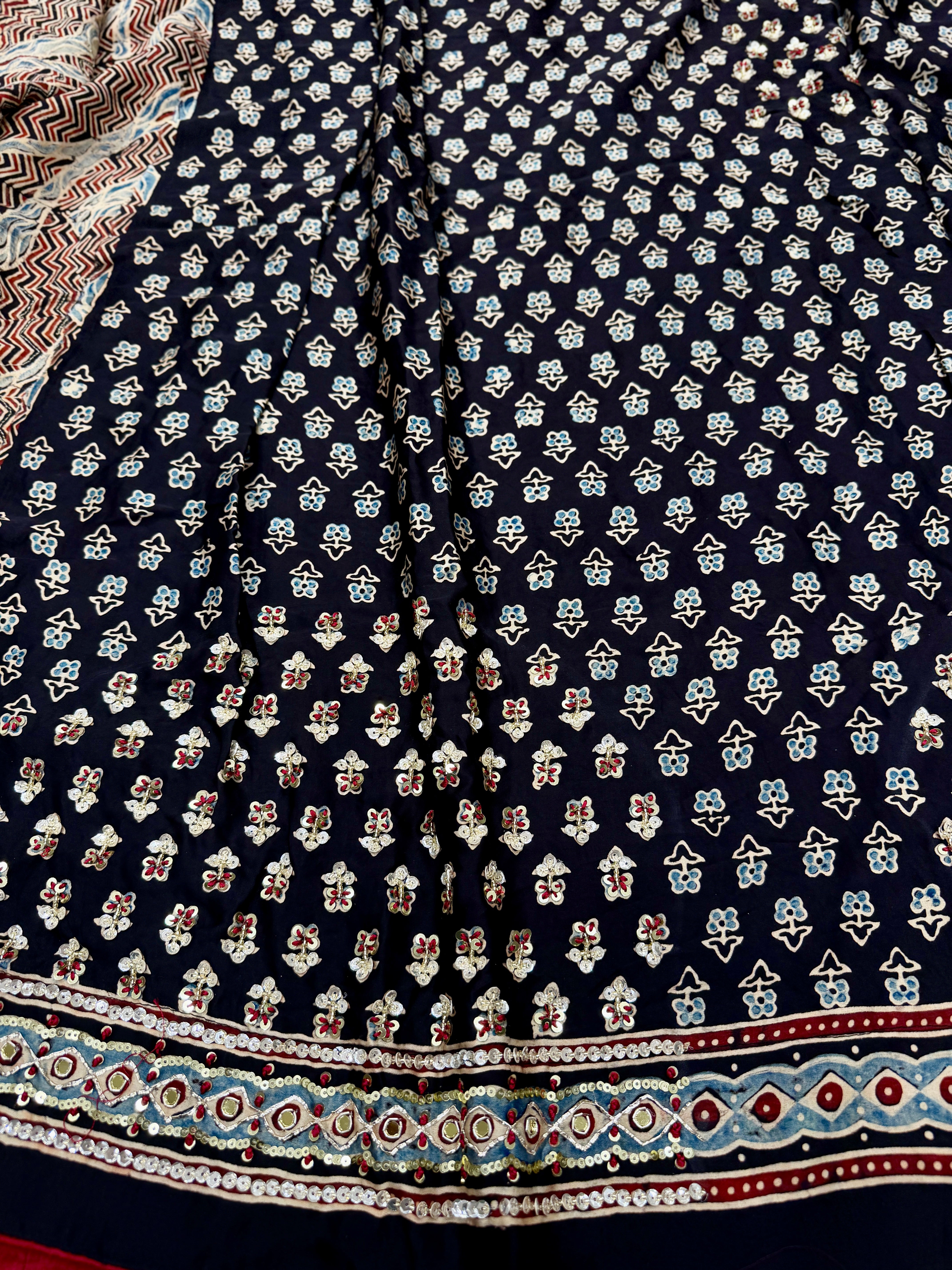 Black Abstract Jaal Pita Zardosi Sequin Ajrakh Hand Embroidery Saree