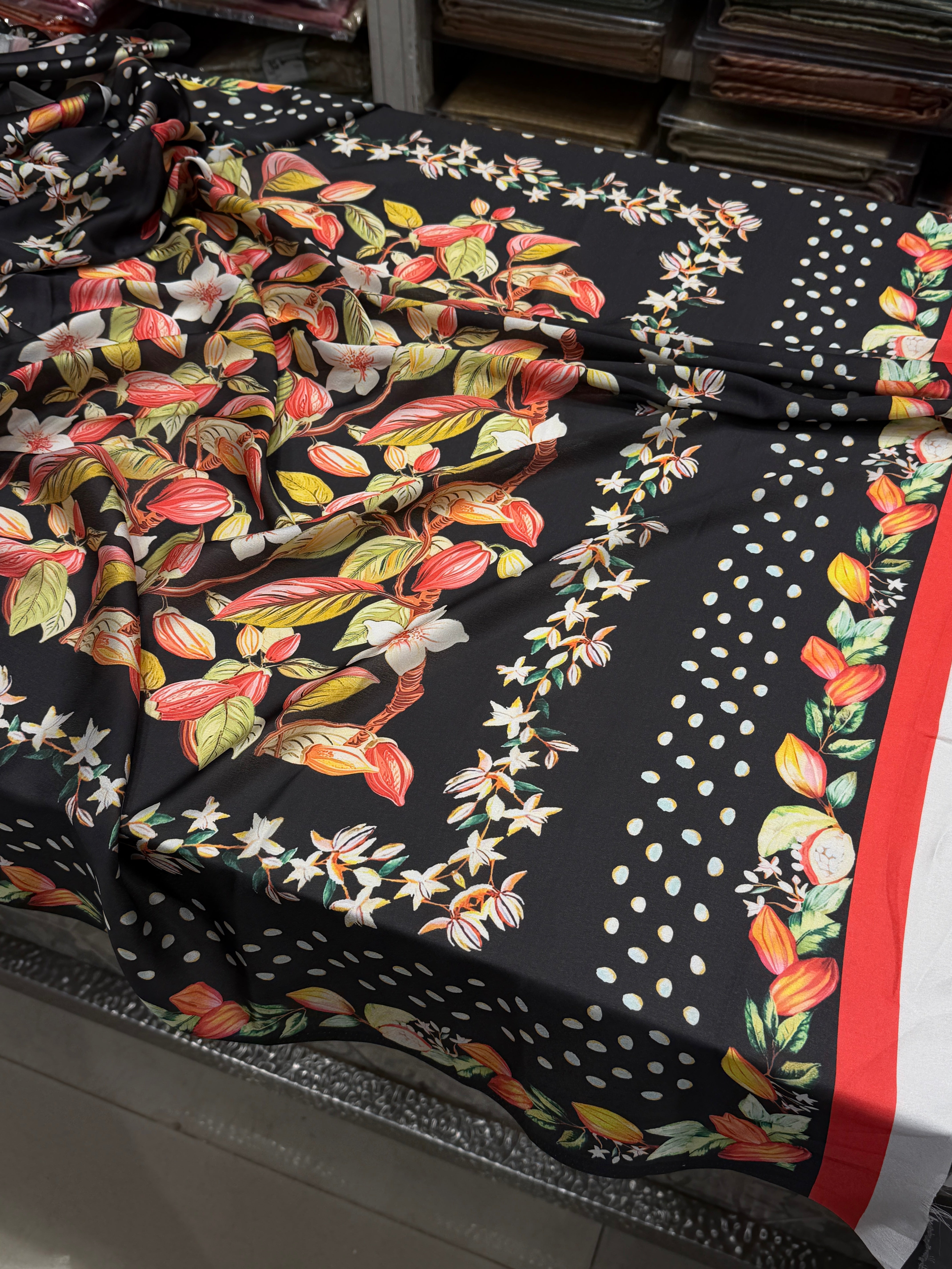 Black Floral Digital Print Satin Saree