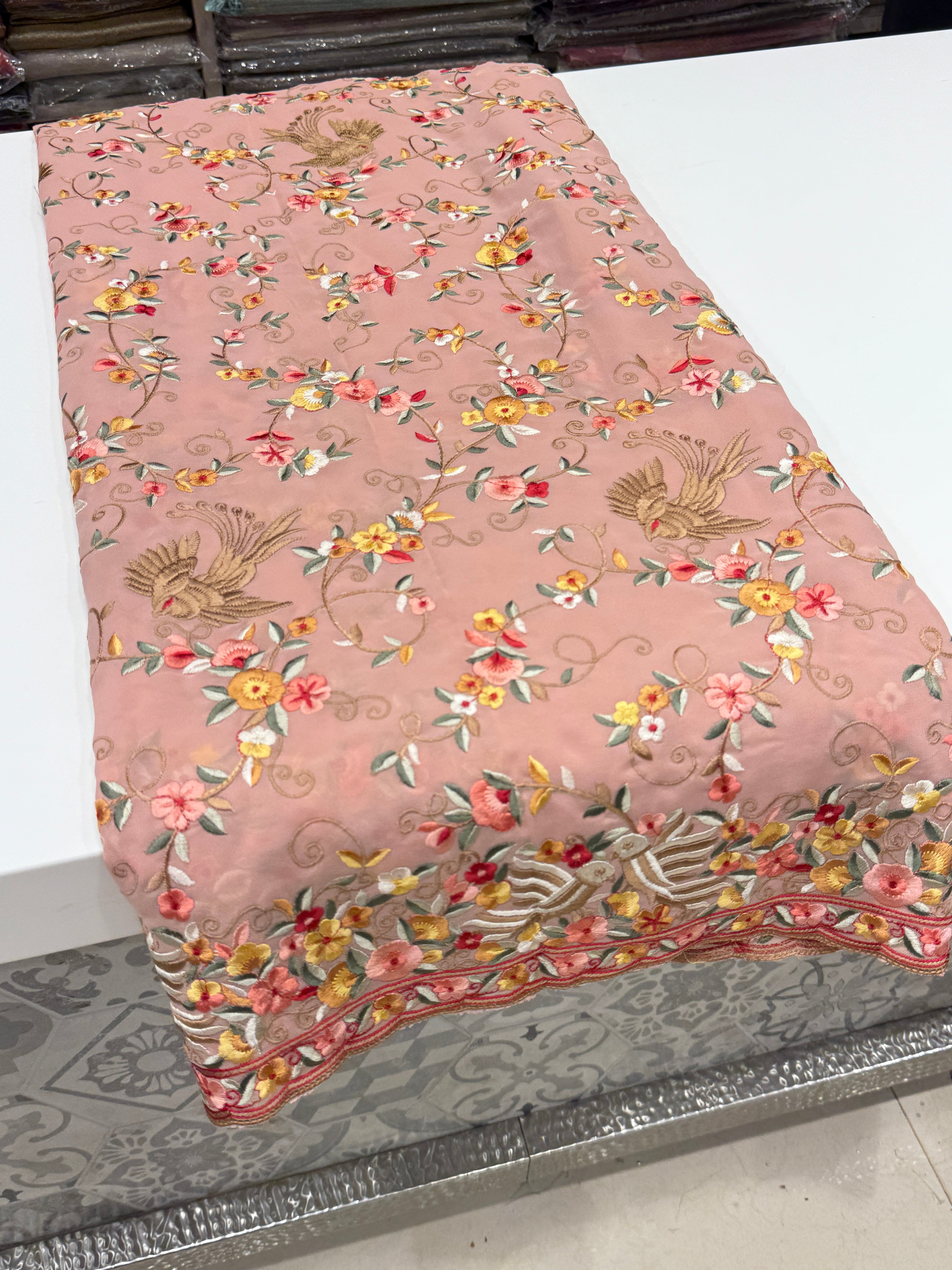 Pink Georgette Multi Colour Jaal Floral Parsi Gara Saree