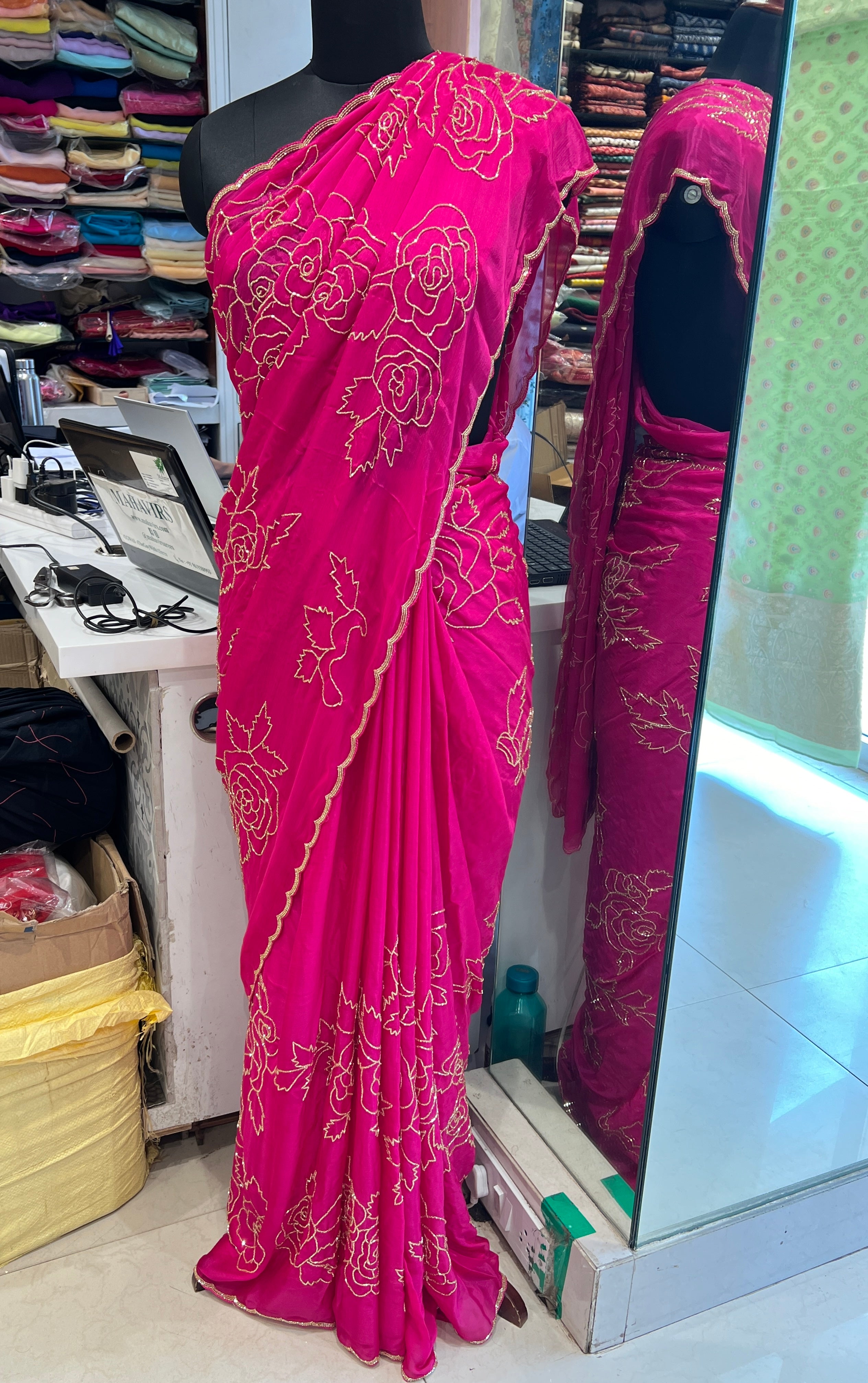 Rani Chiffon Rose Edit Saree Hand Embroidery