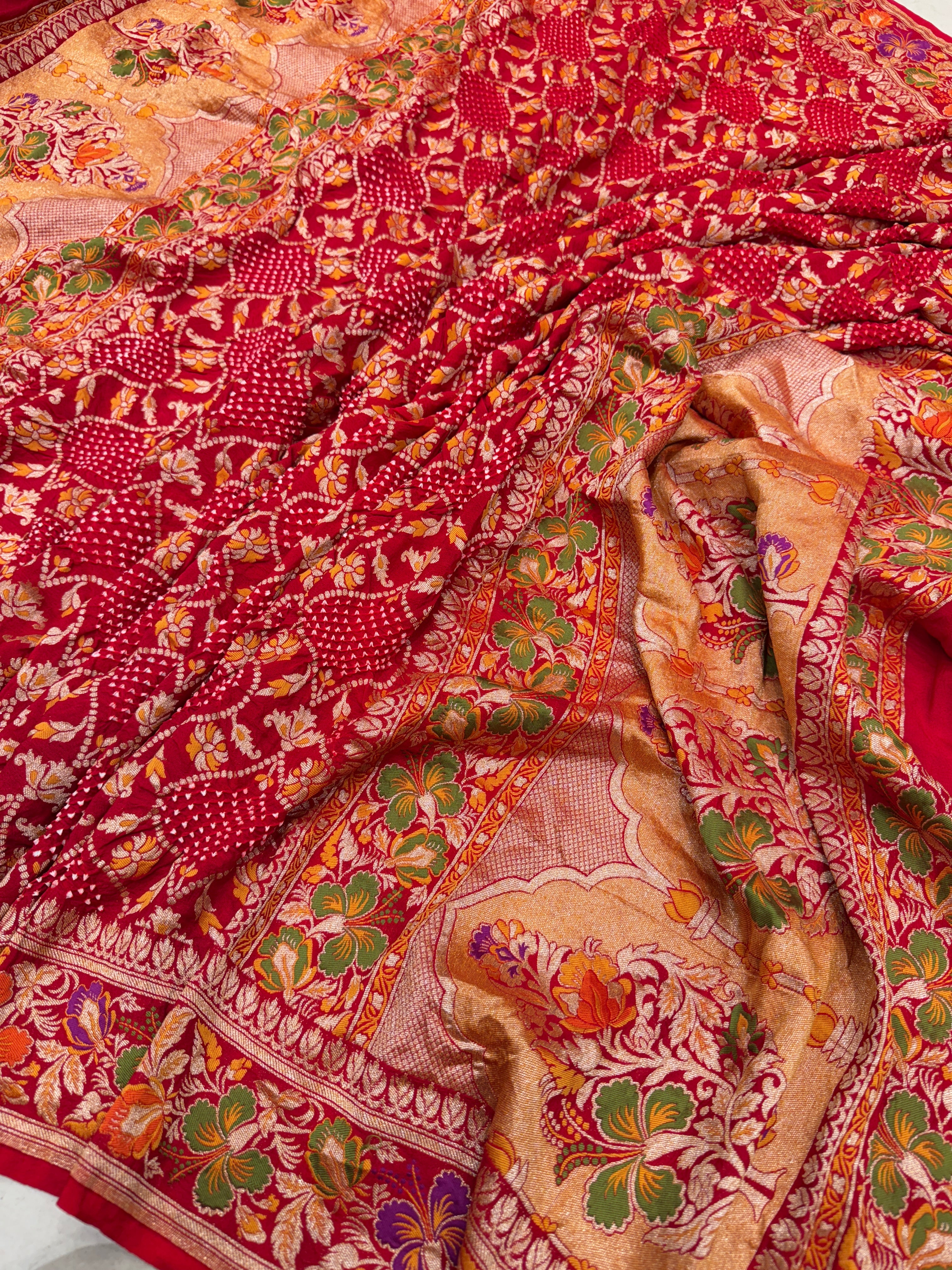 Red Handloom Meenakari Rai Bandhej Pure Zari Dupatta