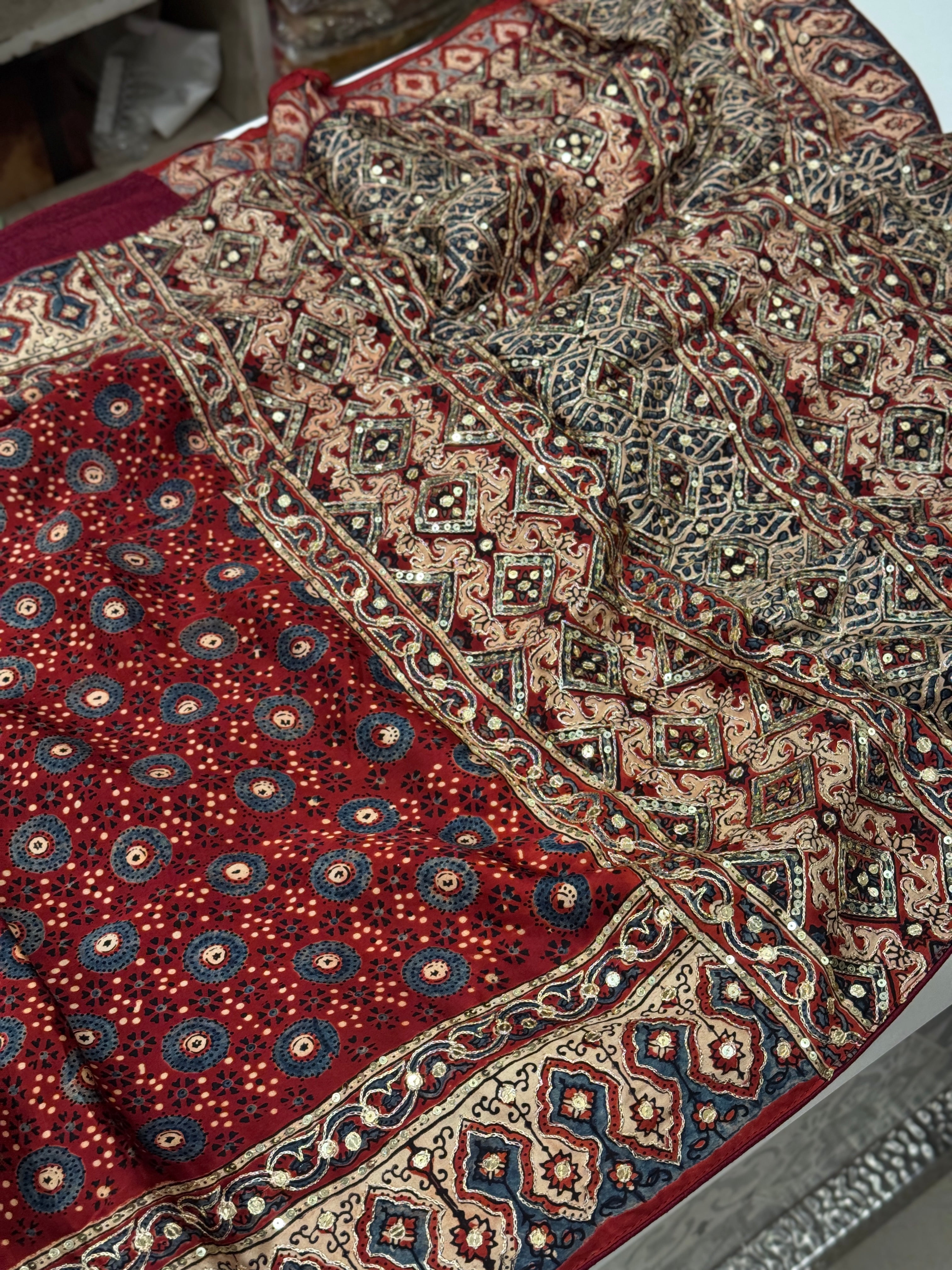 Red Blue Buttis Pita Zardosi Sequin Ajrakh Hand Embroidery Saree